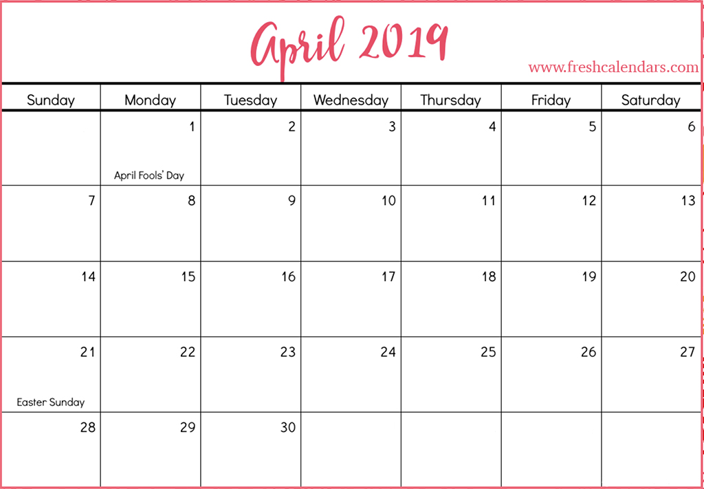  April  2019  Calendar  Printable Fresh Calendars 