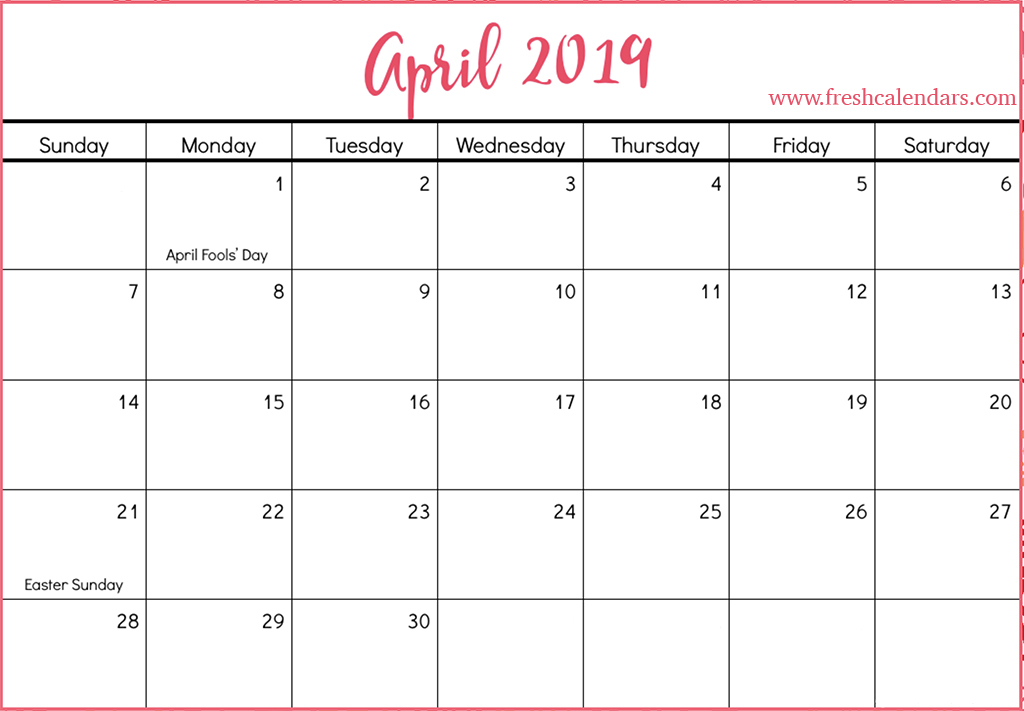 Blank April 2019 Calendar