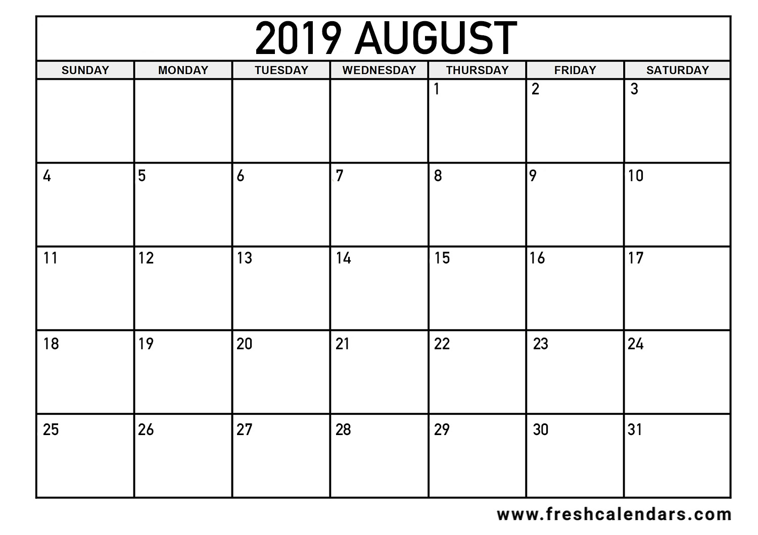 August 2019 Calendar Printable