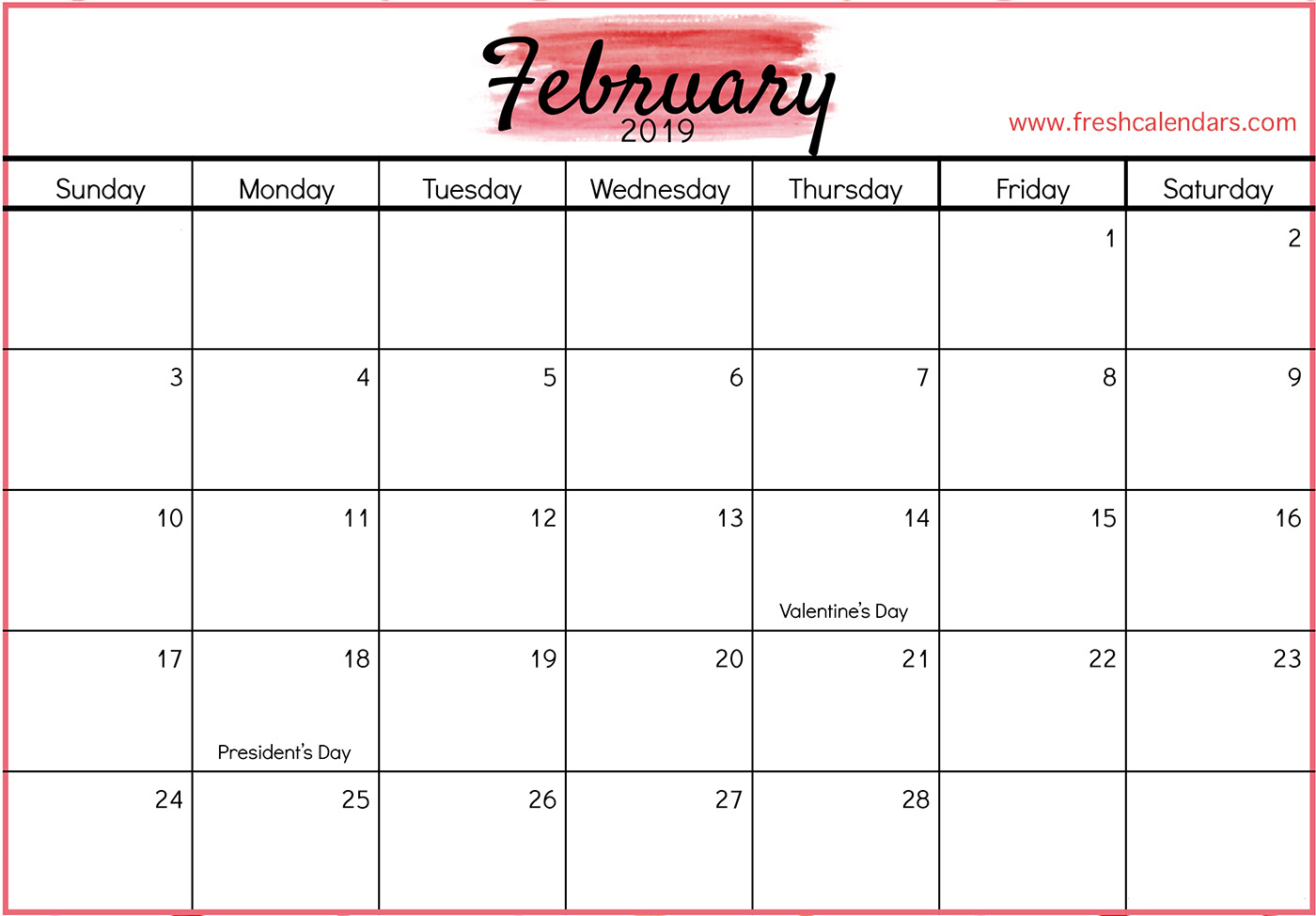 february 2019 calendar printable