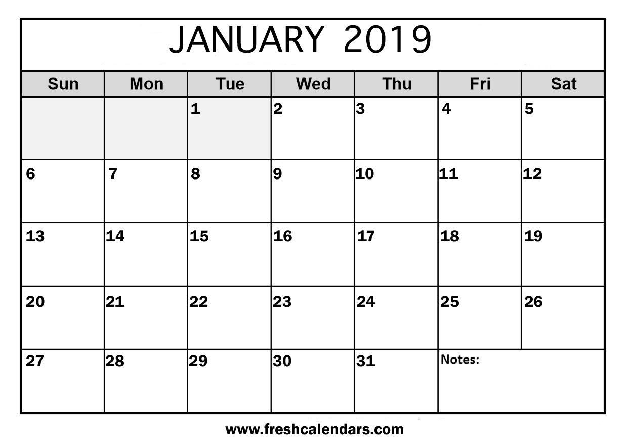 Blank 2019 January Calendar