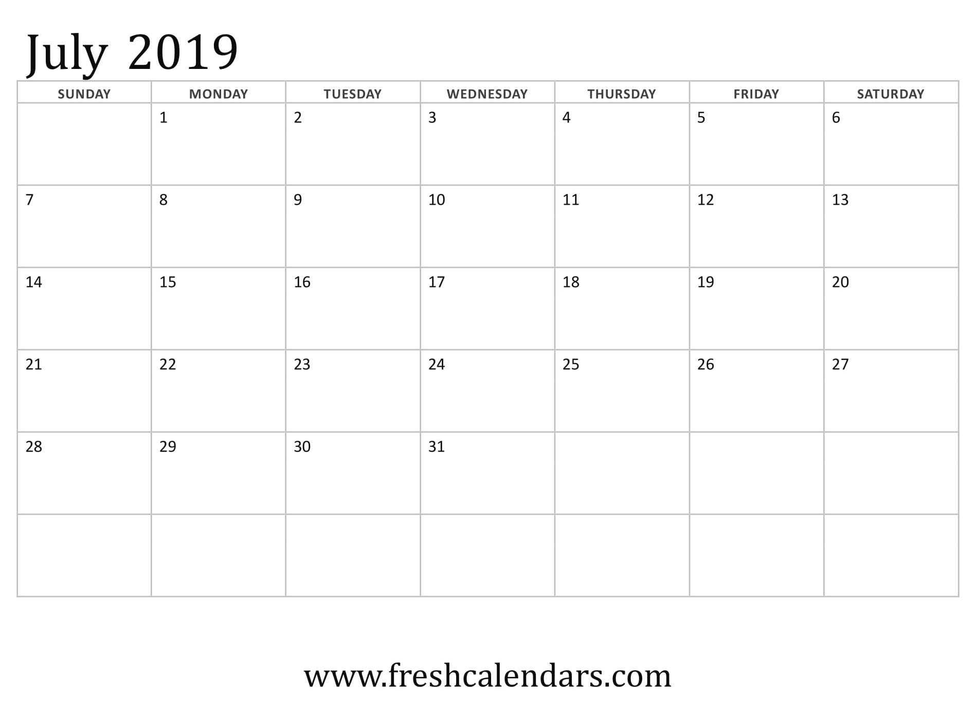 July 2019 Calendar Printable