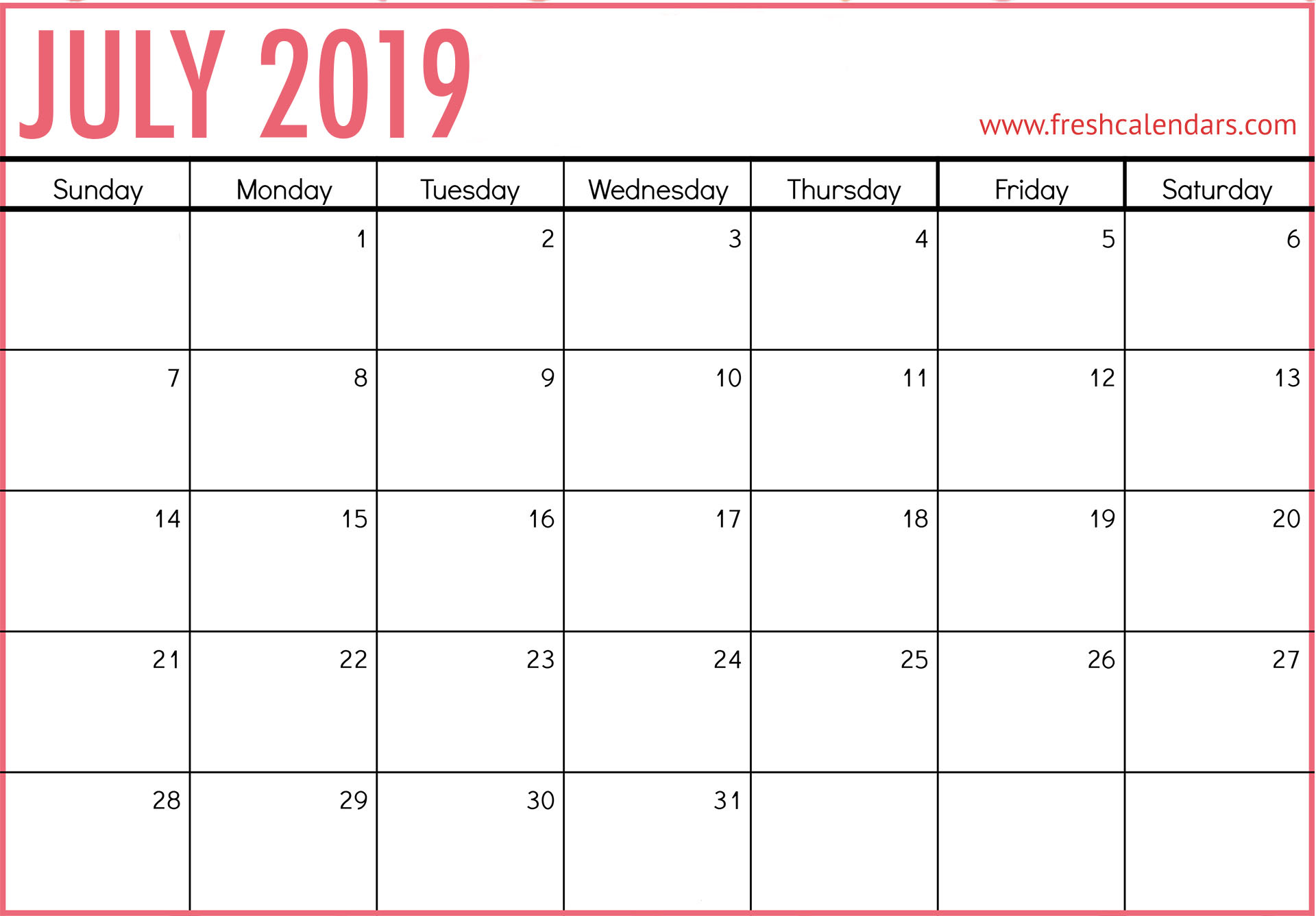 july 2019 calendar printable