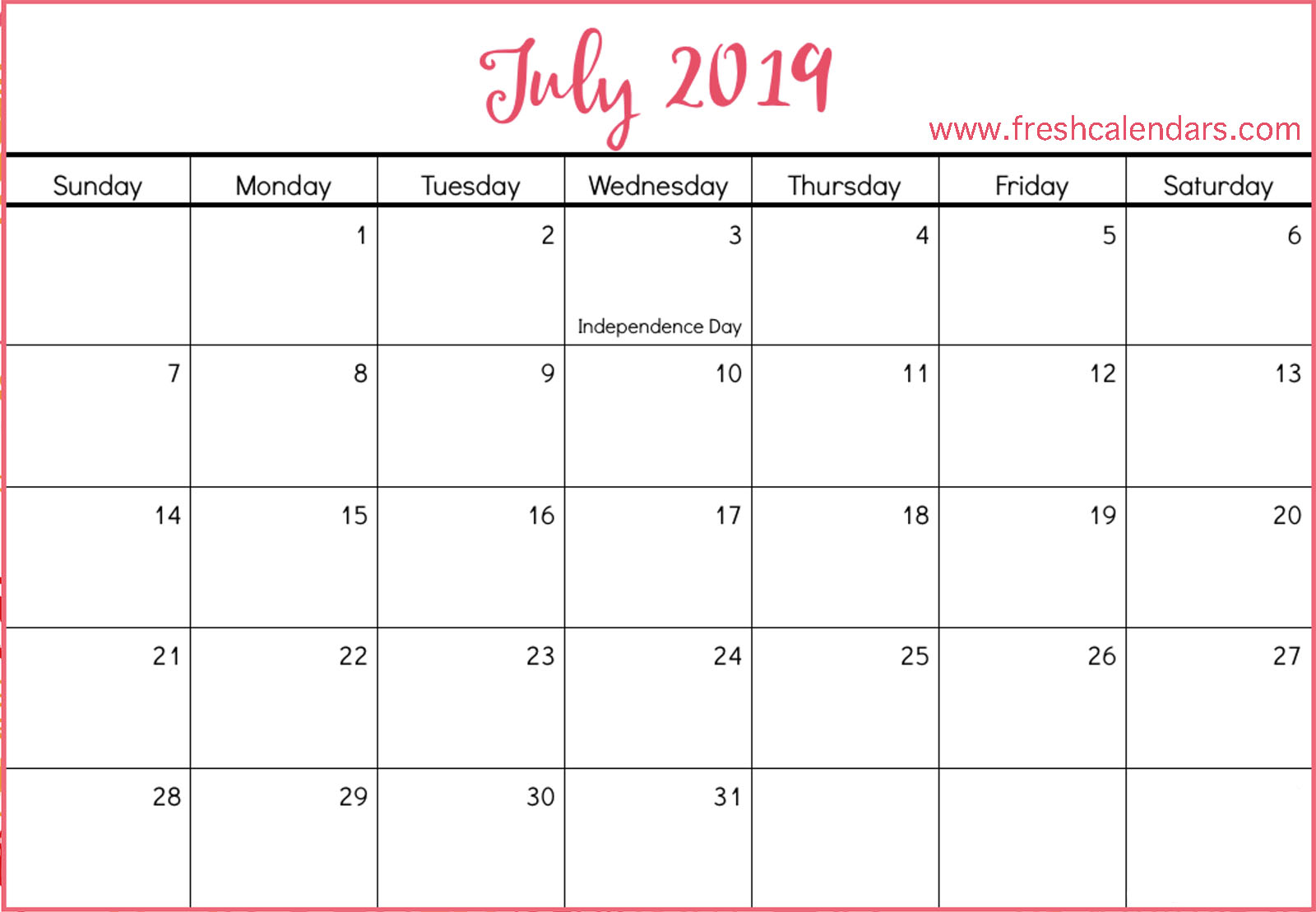 Free Printable July 2019 Calendar
