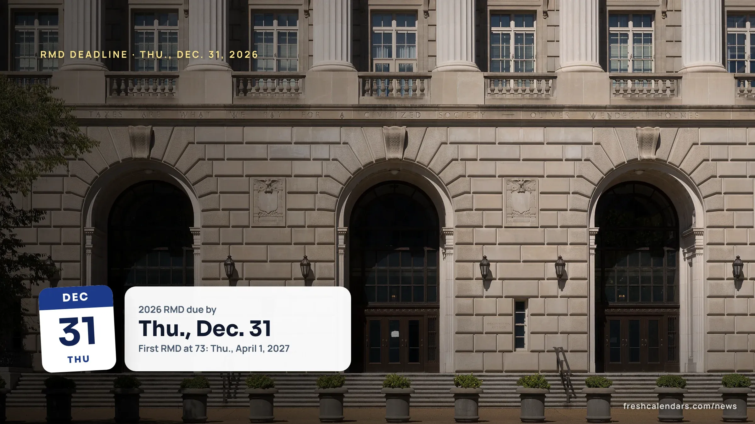 2026 RMD Deadline: Dec. 31 for Most Accounts, April 1, 2027 for a First Withdrawal The Internal Revenue Service Building in Washington, D.C., where the 2026 RMD deadline rules are published