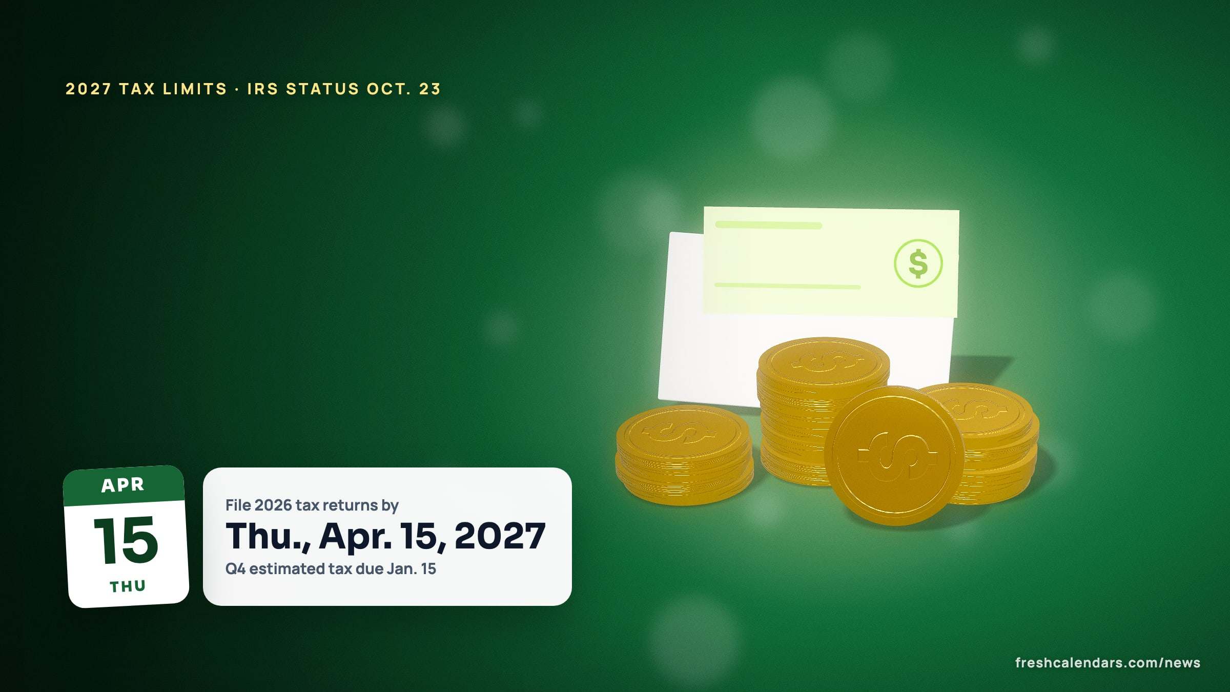 2027 tax brackets and 401(k) limits: a money scene beside a calendar card for the April 15, 2027 filing deadline