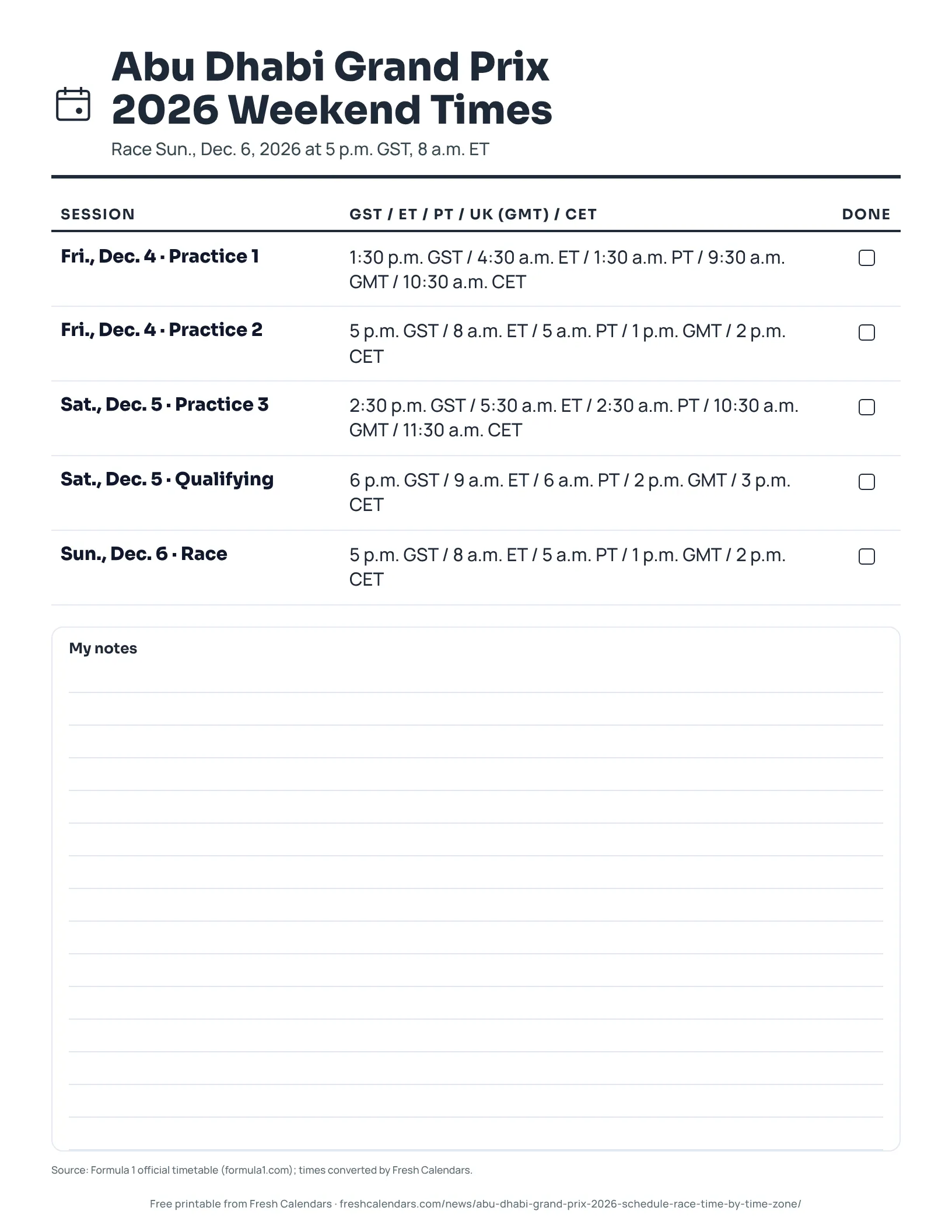 Abu Dhabi Grand Prix 2026 Weekend Times (ink saver) Abu Dhabi Grand Prix 2026 weekend times listing five sessions in Gulf, Eastern, Pacific, Greenwich Mean and Central European Time, ink-saver version