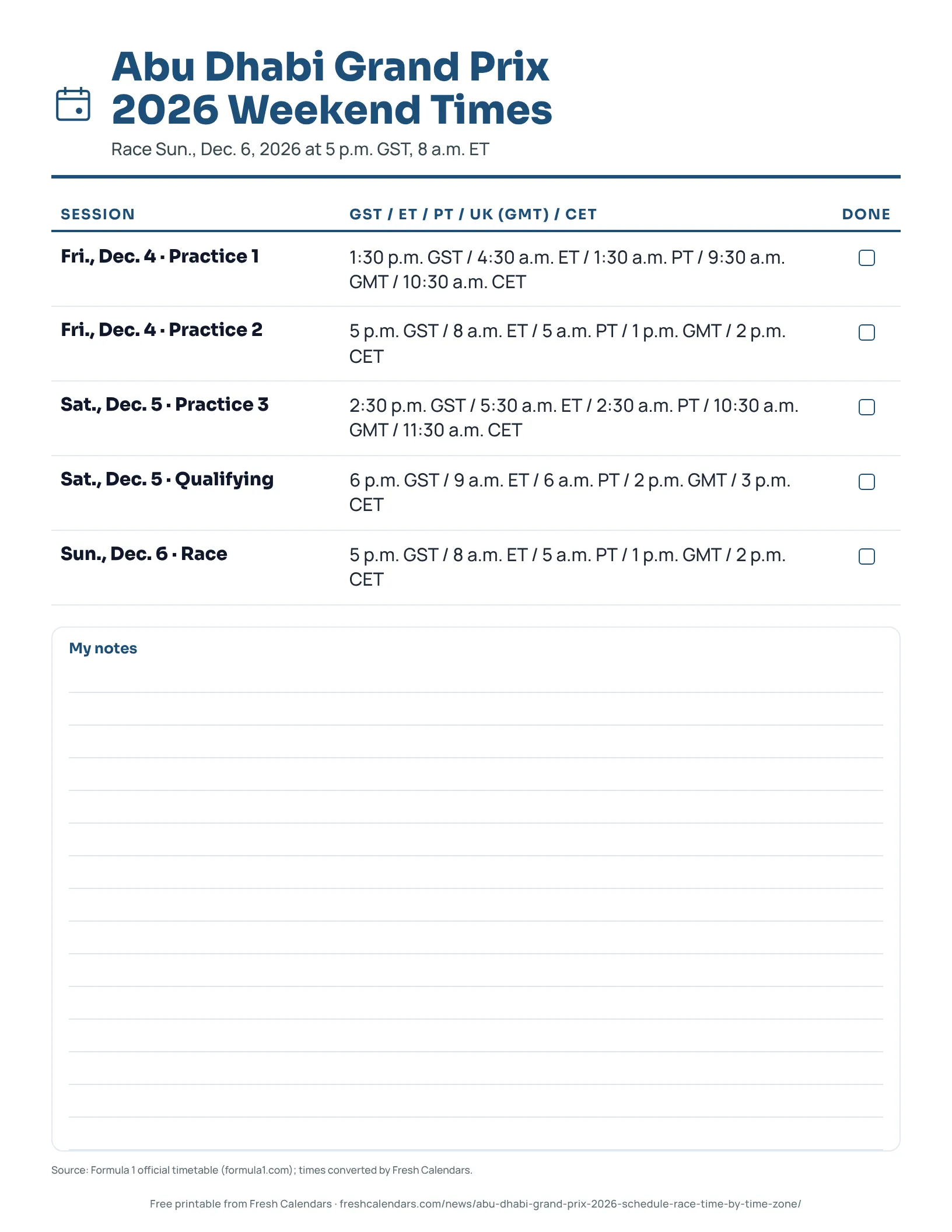 Abu Dhabi Grand Prix 2026 Weekend Times Abu Dhabi Grand Prix 2026 weekend times listing five sessions in Gulf, Eastern, Pacific, Greenwich Mean and Central European Time