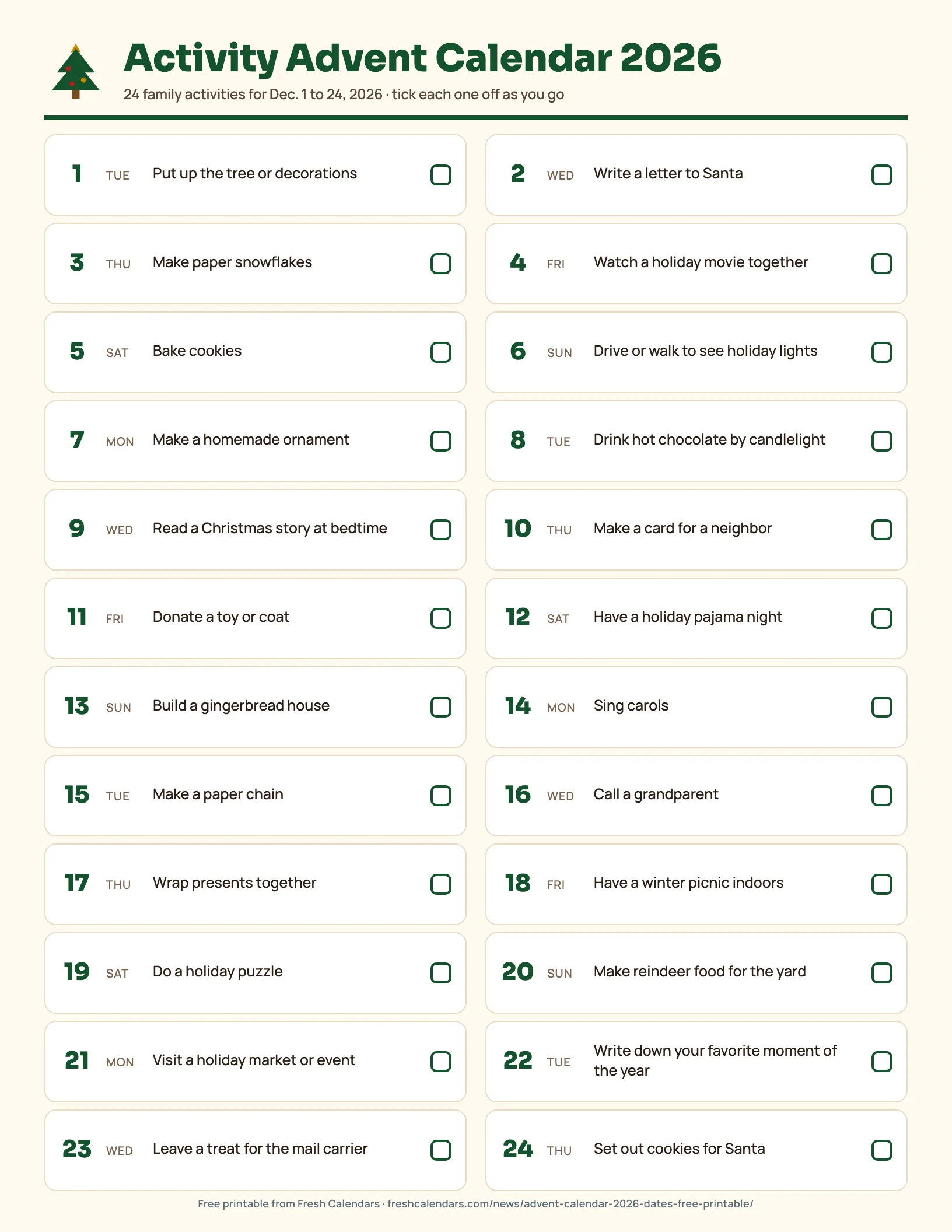 Activity advent calendar 2026 printable listing 24 family Christmas activities for Dec. 1 to 24 with check boxes