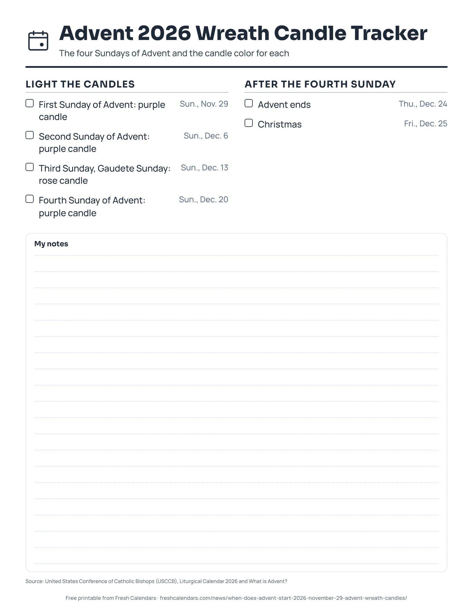 Printable Advent 2026 wreath candle tracker listing the four Sundays, candle colors and Christmas, ink-saver version