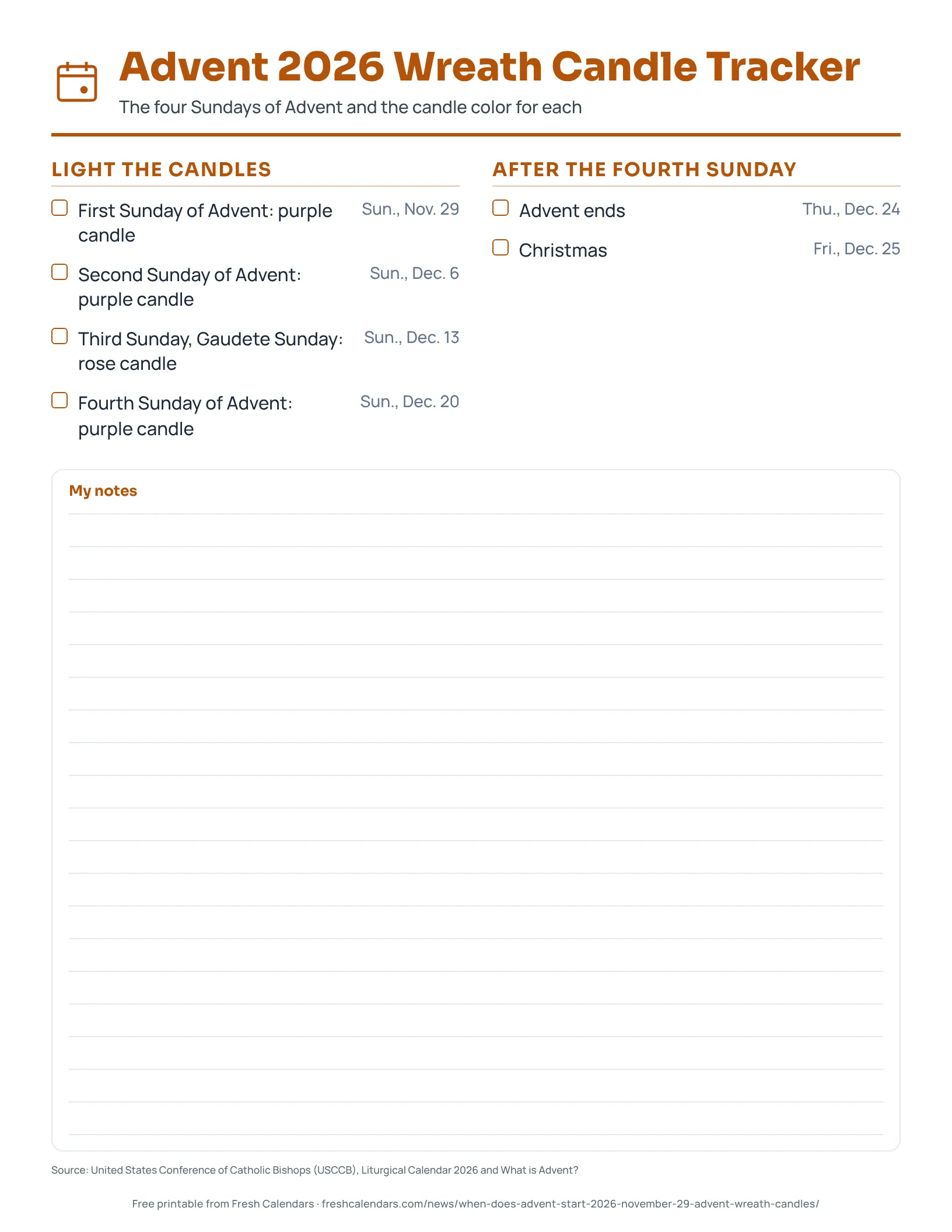 Printable Advent 2026 wreath candle tracker listing the four Sundays, candle colors and Christmas