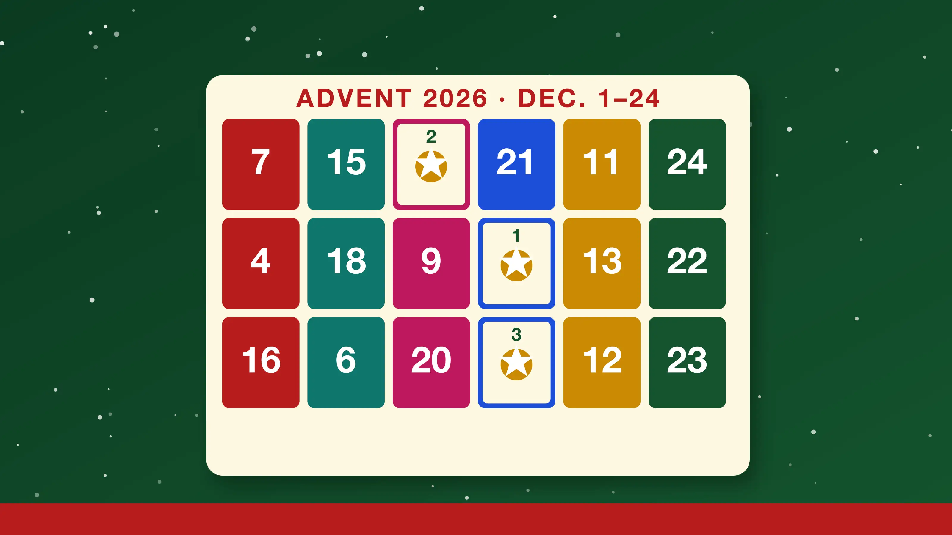 Advent calendar 2026: a board of colorful numbered doors for Dec. 1 to 24 with the first three doors open, on a snowy green background