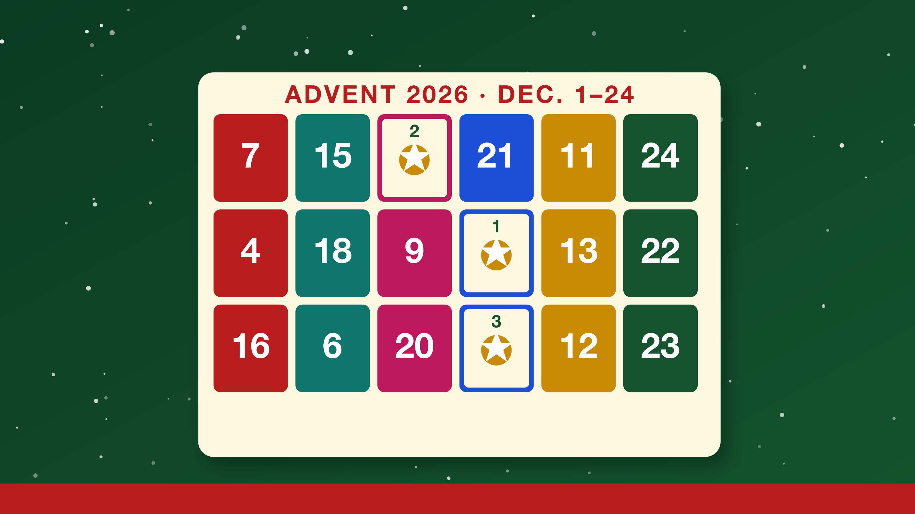 Advent calendar 2026: a board of colorful numbered doors for Dec. 1 to 24 with the first three doors open, on a snowy green background