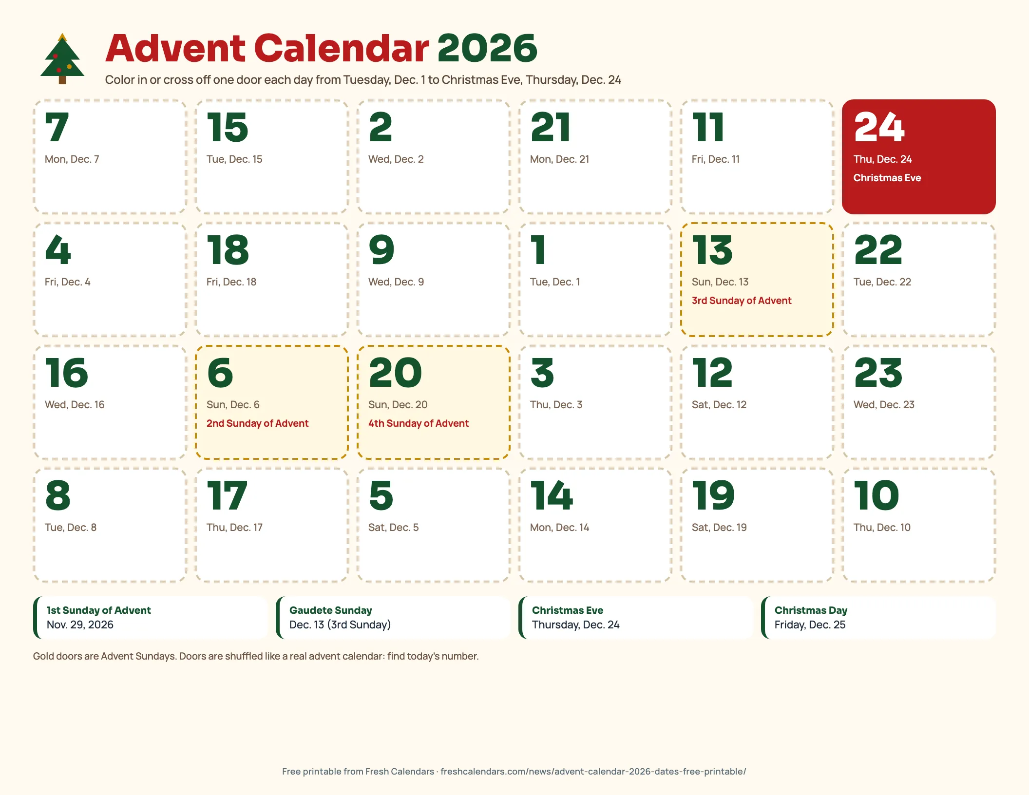 Printable advent calendar 2026 with 24 shuffled numbered doors from Dec. 1 to Dec. 24, Advent Sundays highlighted