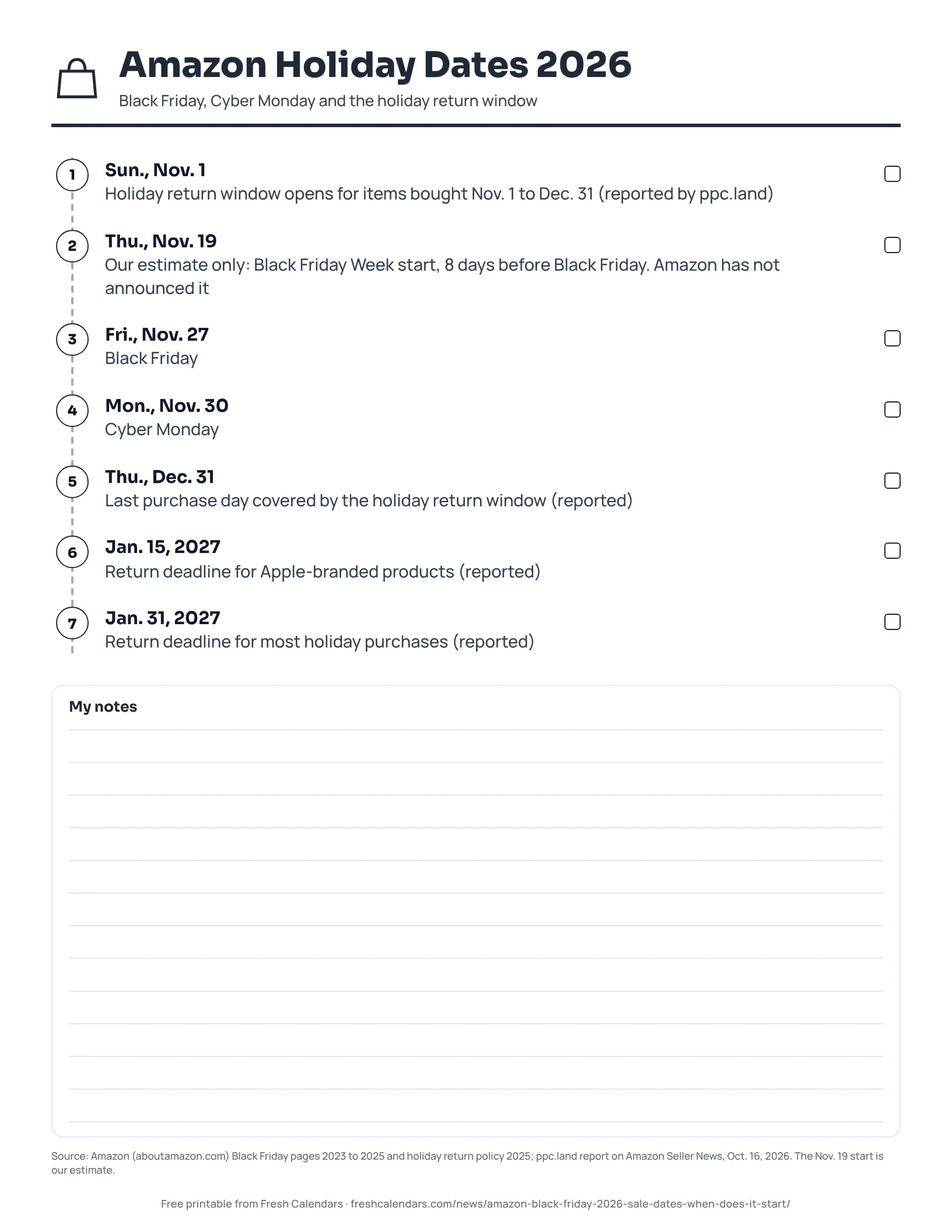 Amazon Holiday Dates 2026 (ink saver) Printable Amazon holiday dates 2026 timeline with Black Friday, Cyber Monday and holiday return deadlines, ink-saver version