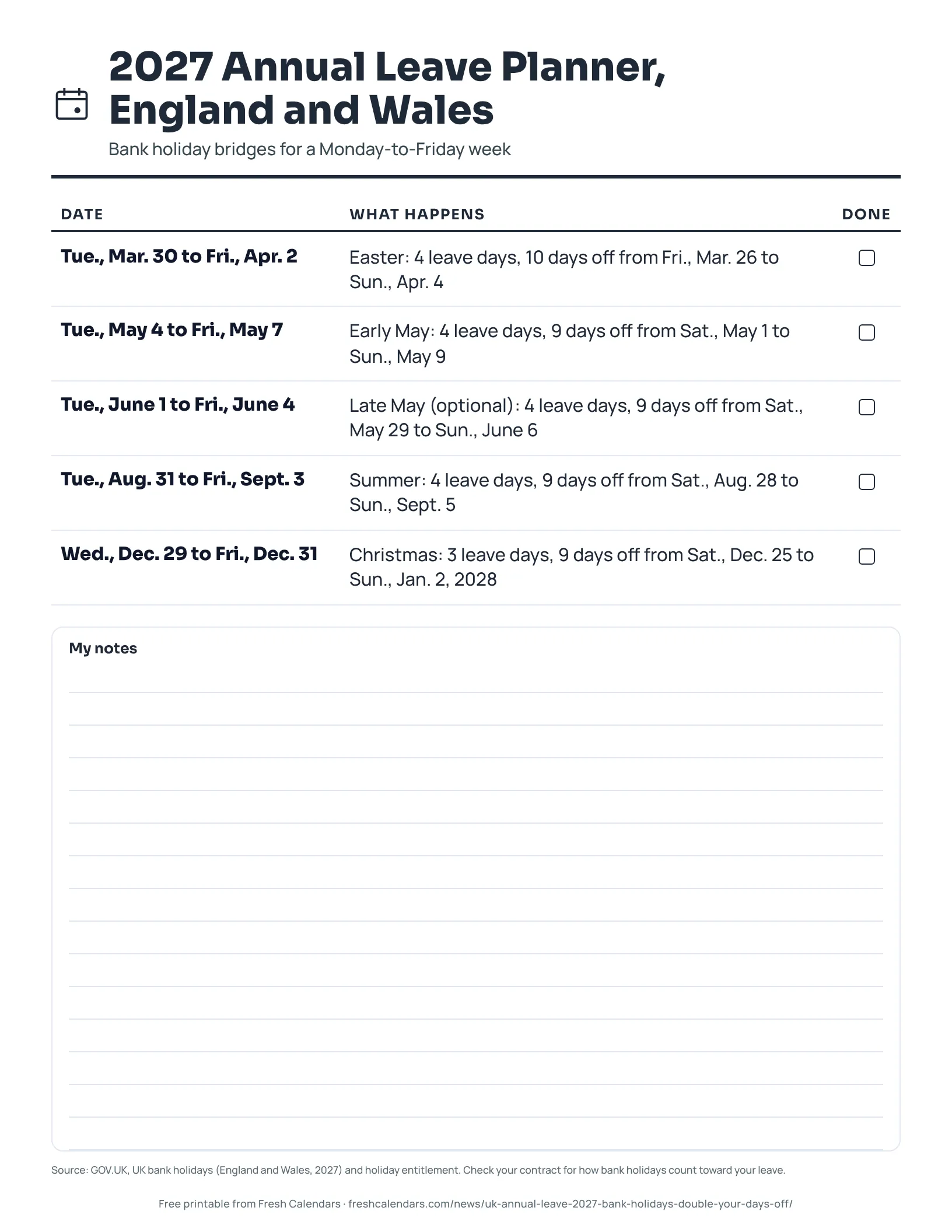 2027 Annual Leave Planner, England and Wales (ink saver) Printable 2027 annual leave planner for England and Wales listing the leave dates around each bank holiday, ink-saver version