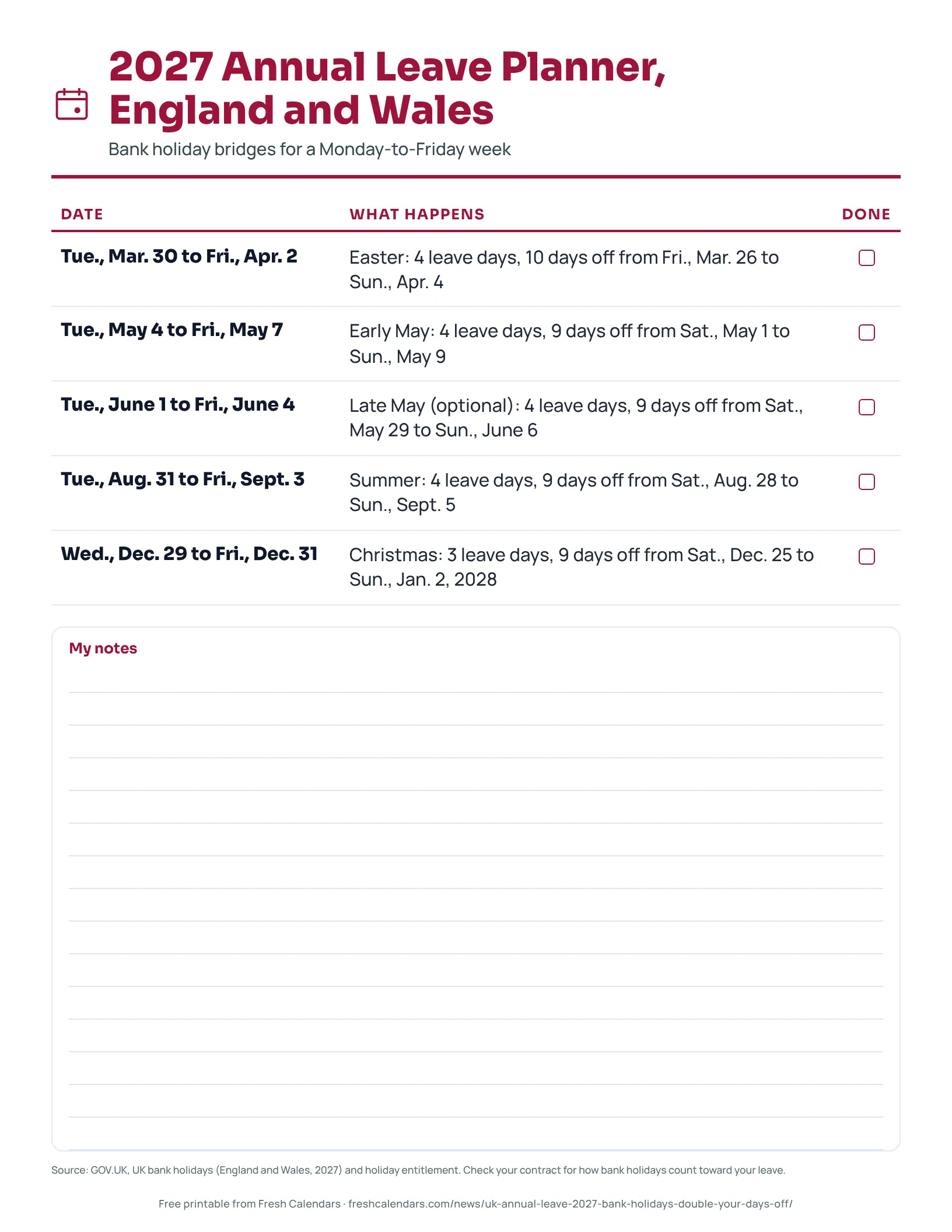 2027 Annual Leave Planner, England and Wales Printable 2027 annual leave planner for England and Wales listing the leave dates around each bank holiday