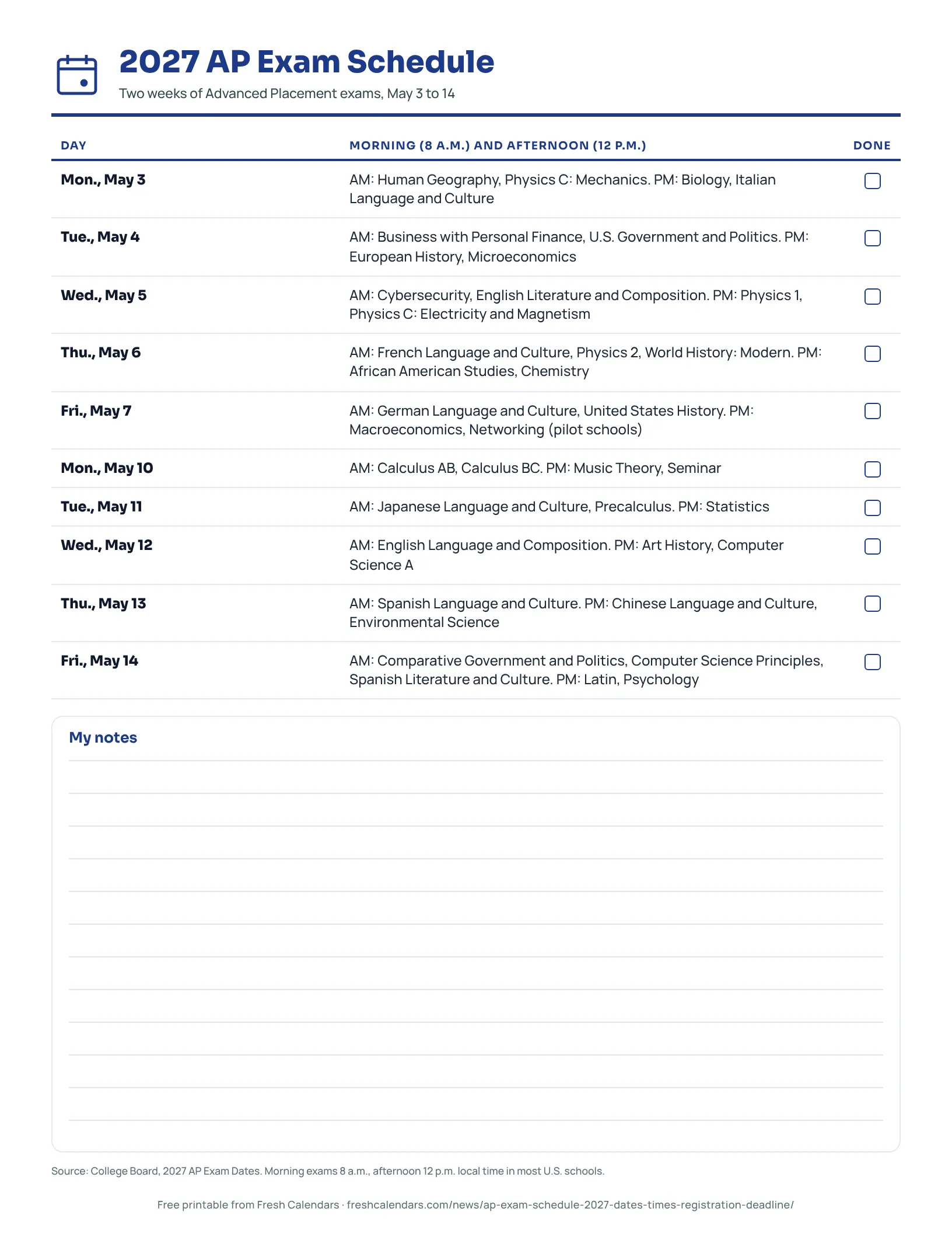 2027 AP Exam schedule printable listing morning and afternoon exams for May 3 to May 14
