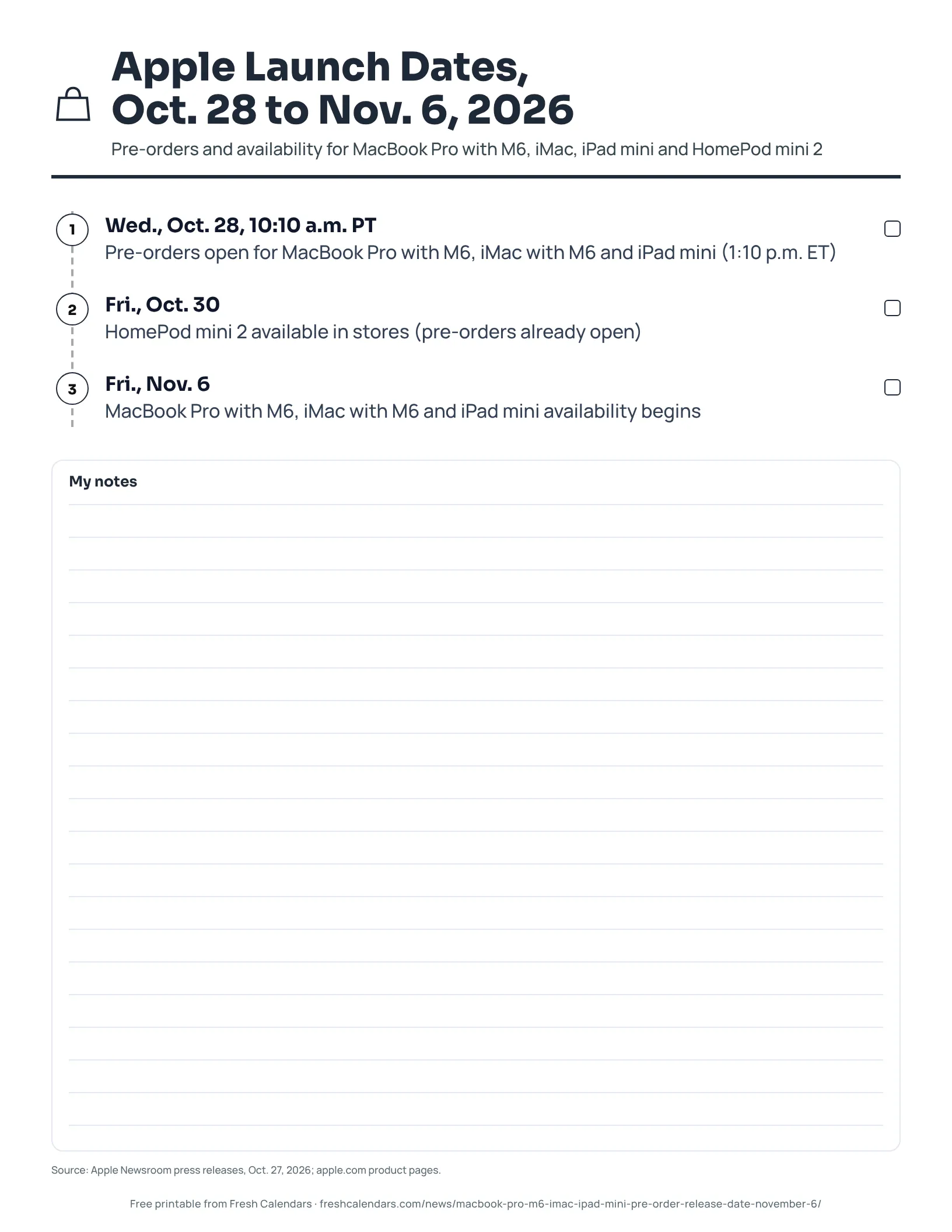Apple Launch Dates, Oct. 28 to Nov. 6, 2026 (ink saver) Apple launch dates printable timeline from Oct. 28 to Nov. 6, 2026 for MacBook Pro with M6, iMac, iPad mini and HomePod mini 2, ink-saver version