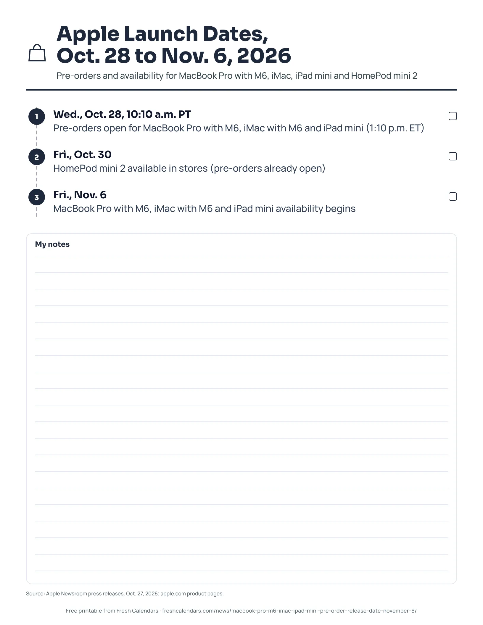 Apple Launch Dates, Oct. 28 to Nov. 6, 2026 Apple launch dates printable timeline from Oct. 28 to Nov. 6, 2026 for MacBook Pro with M6, iMac, iPad mini and HomePod mini 2
