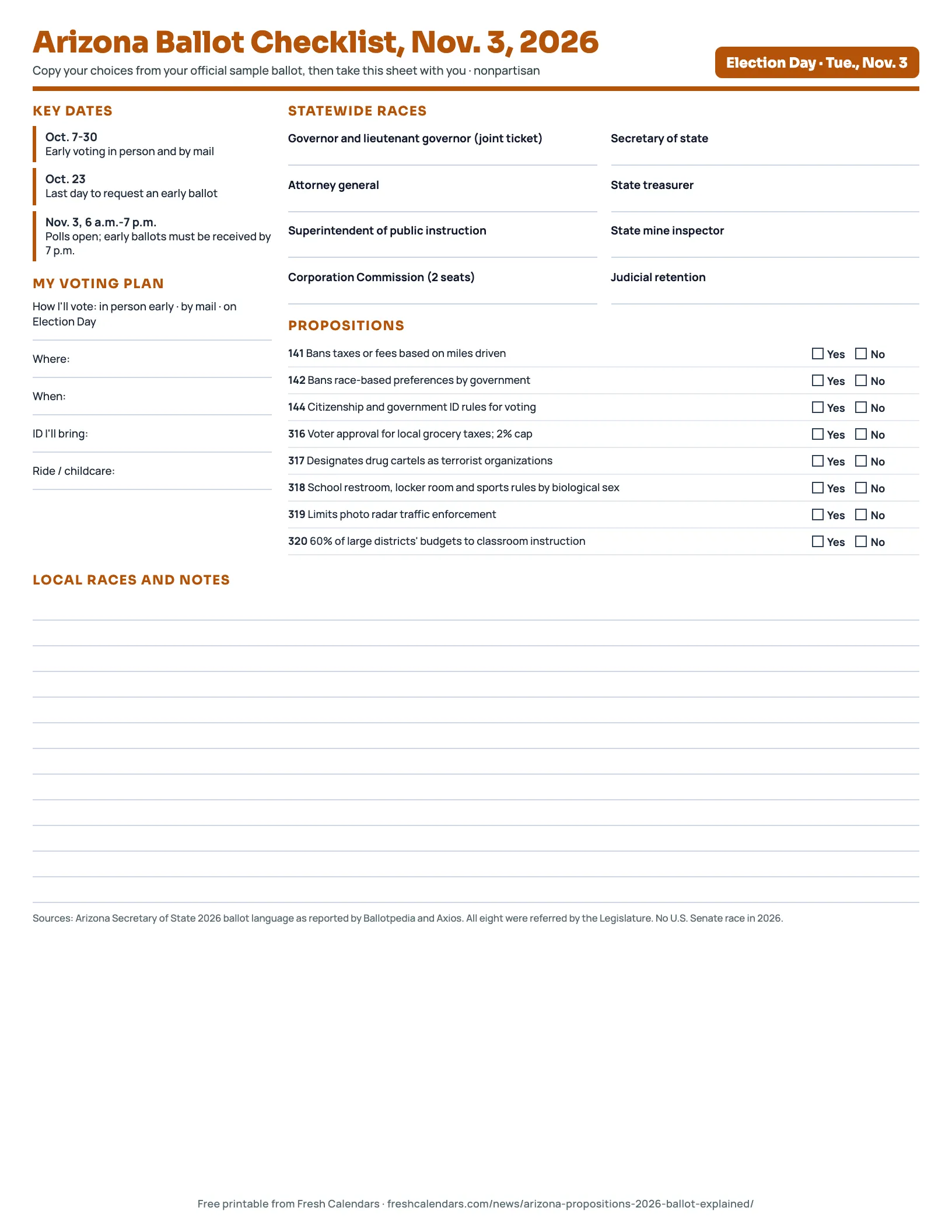 Arizona Ballot Checklist, Nov. 3, 2026 Arizona ballot checklist 2026 printable with Propositions 141 to 320, statewide races and early voting dates