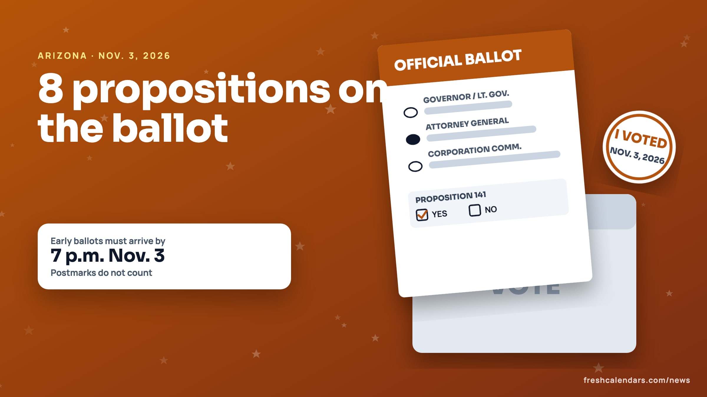 Arizona propositions 2026: an official ballot with Proposition 141 beside a card reading early ballots must arrive by 7 p.m. Nov. 3