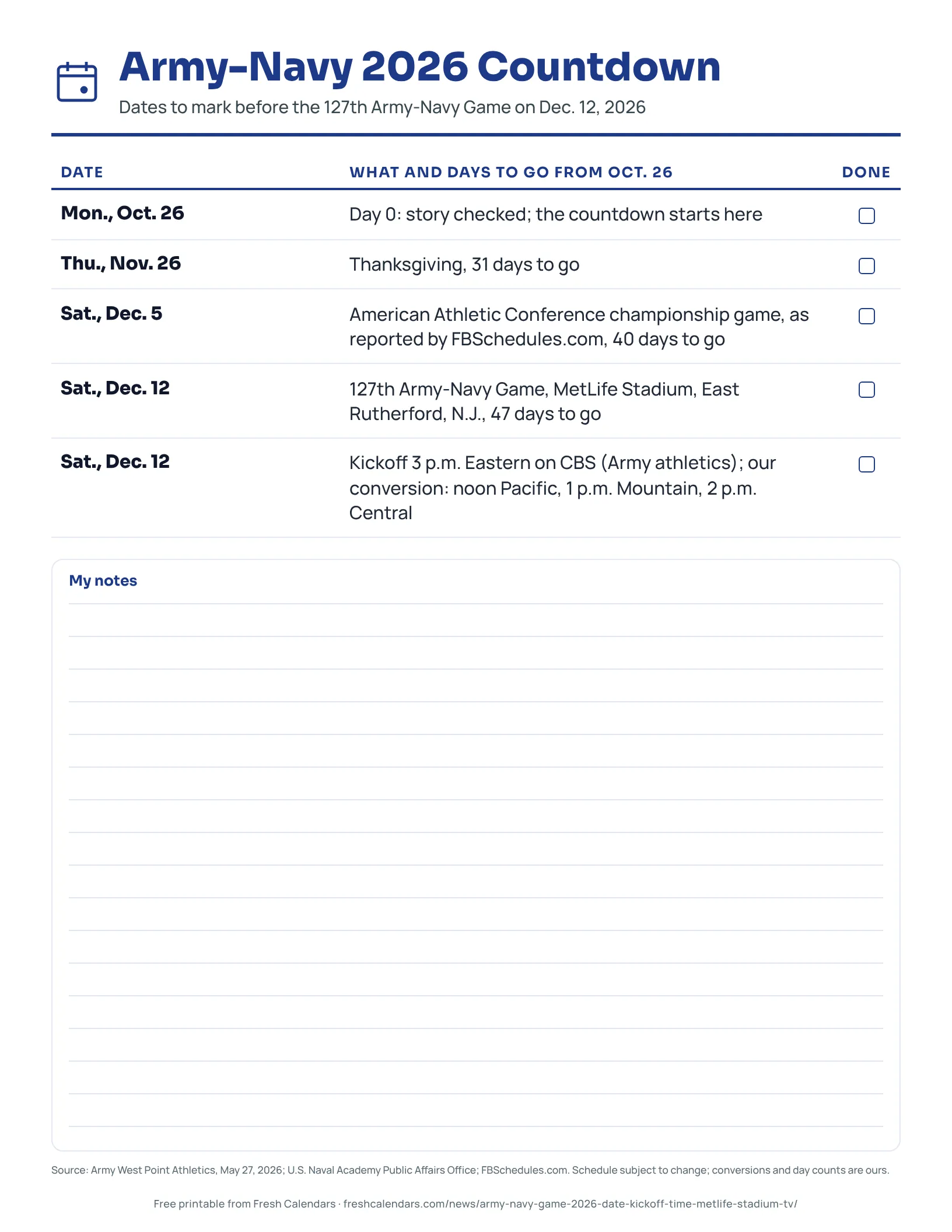 Army-Navy 2026 Countdown Army-Navy 2026 countdown listing Nov. 26, Dec. 5 and Dec. 12 with days to go and the 3 p.m. Eastern kickoff