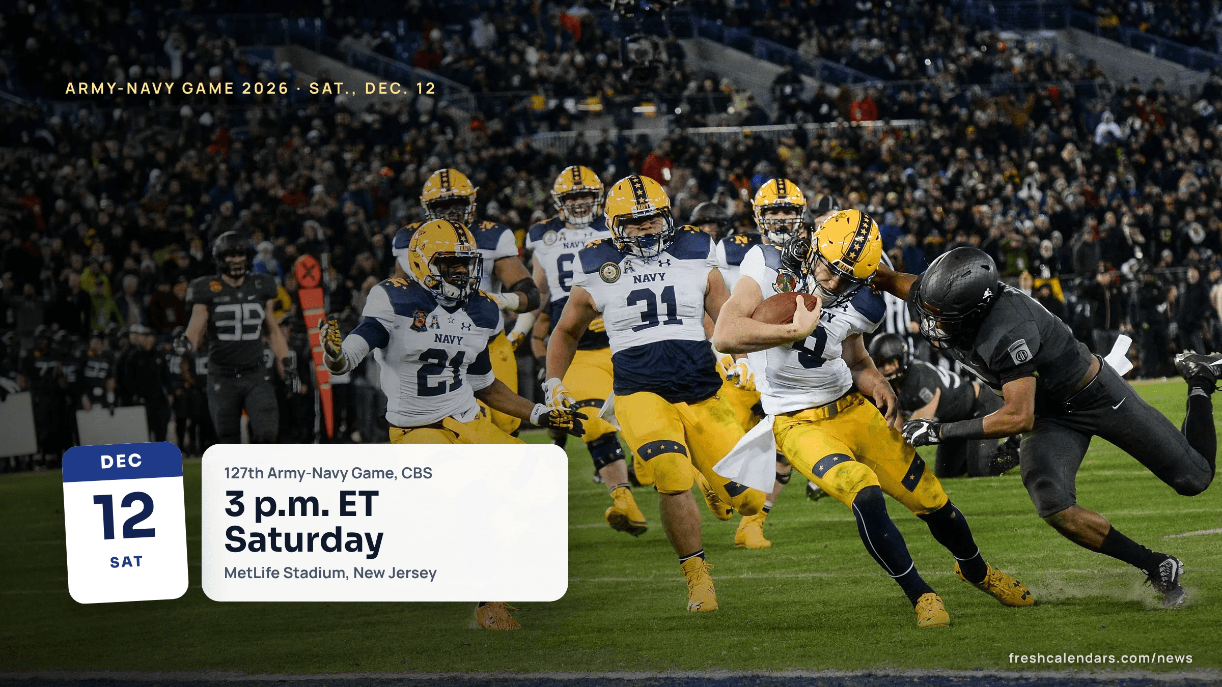 Navy players in gold helmets run with the ball as an Army defender dives during an Army-Navy Game