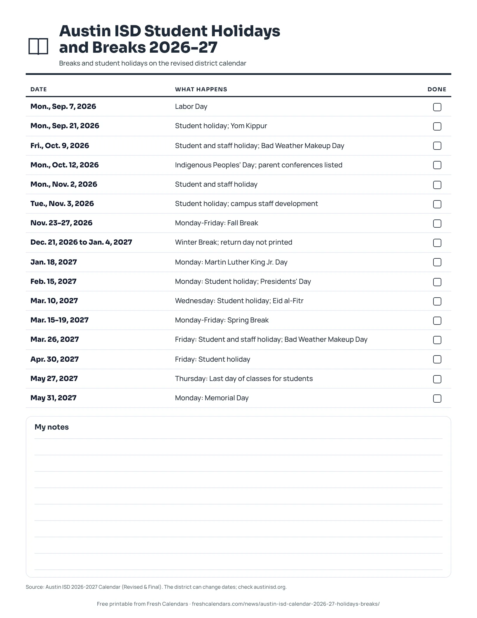 Austin ISD 2026-27 printable list of student holidays and breaks, ink-saver version
