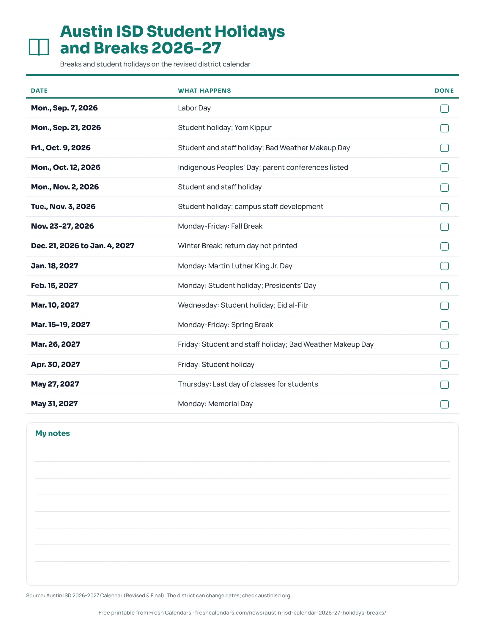 Austin ISD 2026-27 printable list of student holidays and breaks