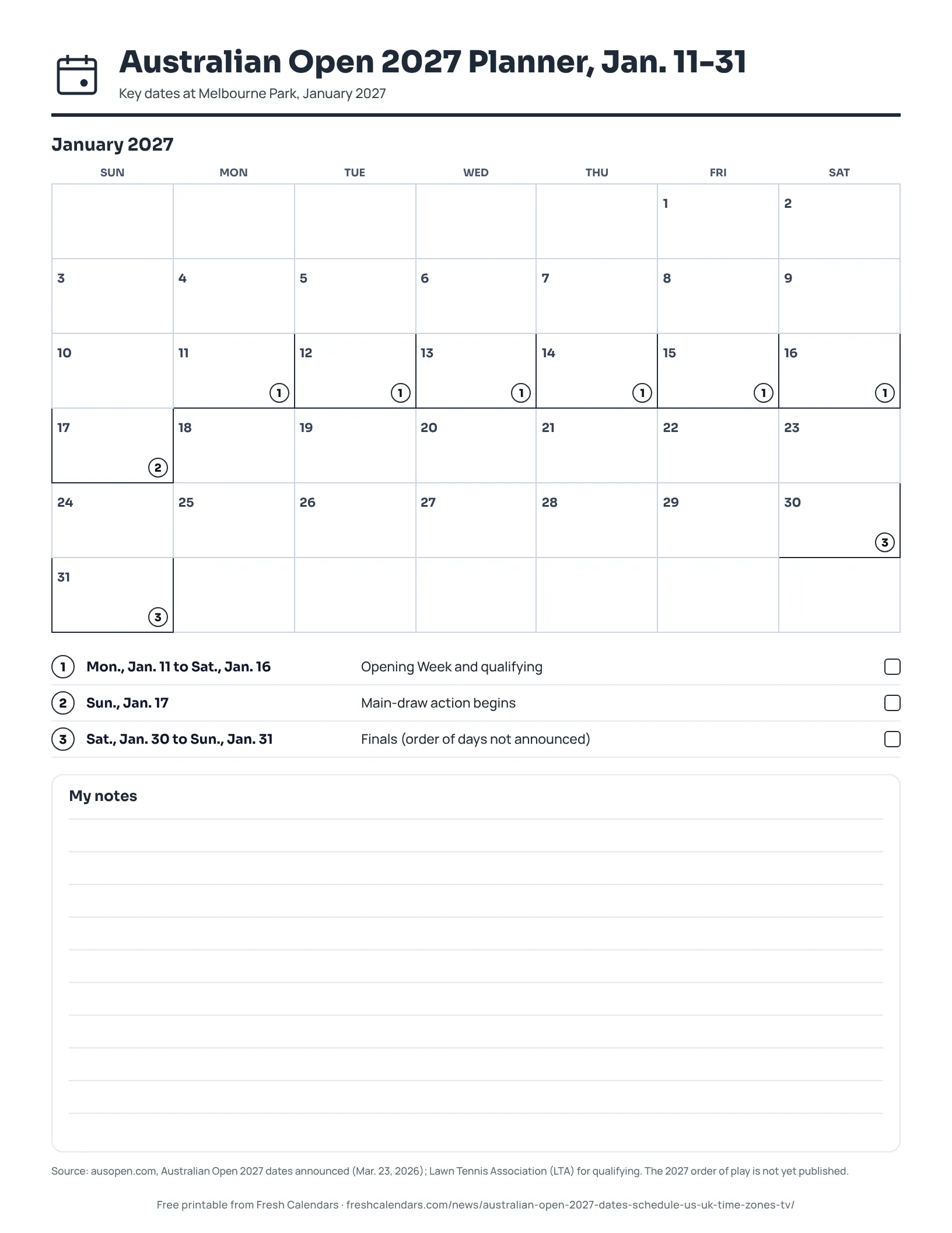 Australian Open 2027 Planner, Jan. 11-31 (ink saver) January 2027 calendar with Australian Open qualifying, main-draw start and finals marked, ink-saver version