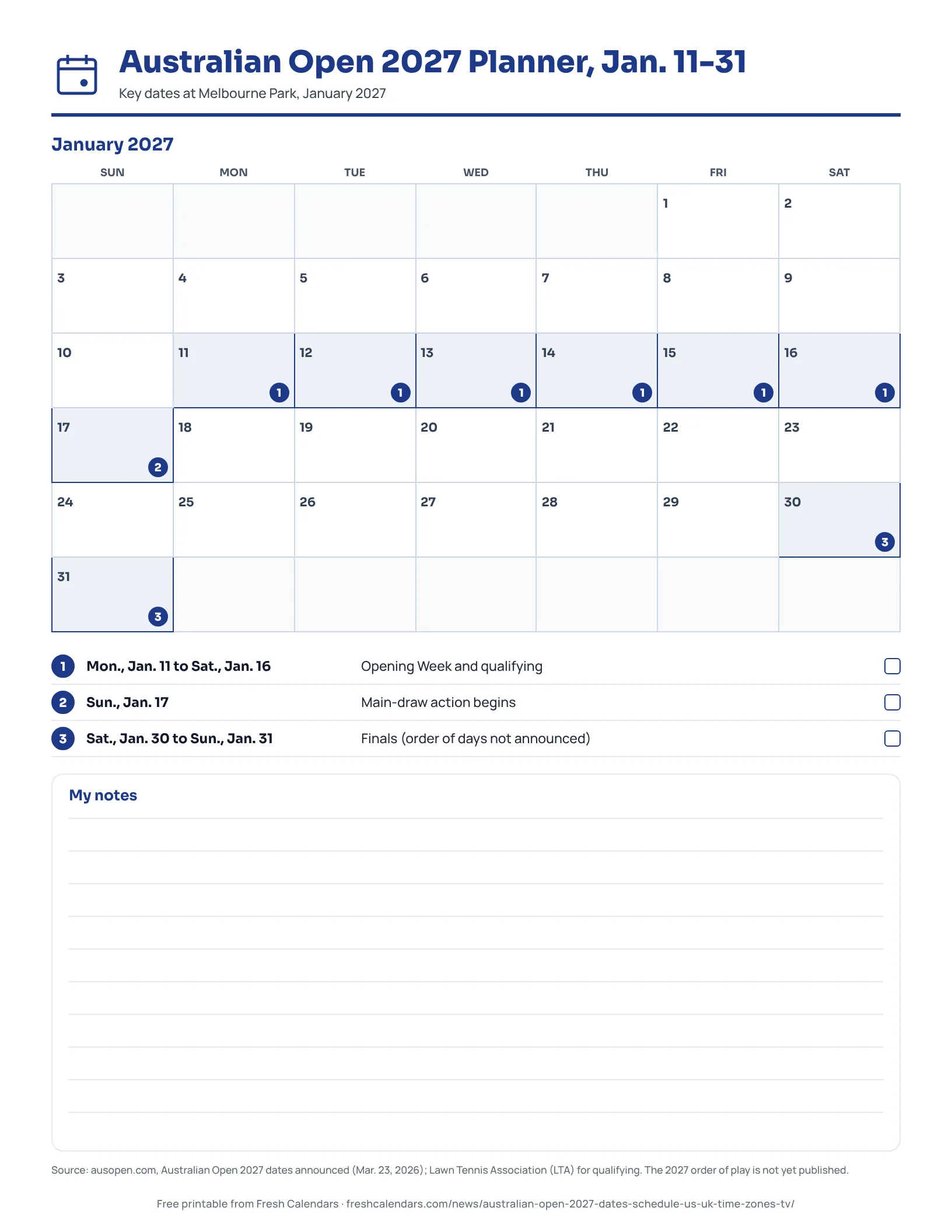 Australian Open 2027 Planner, Jan. 11-31 January 2027 calendar with Australian Open qualifying, main-draw start and finals marked