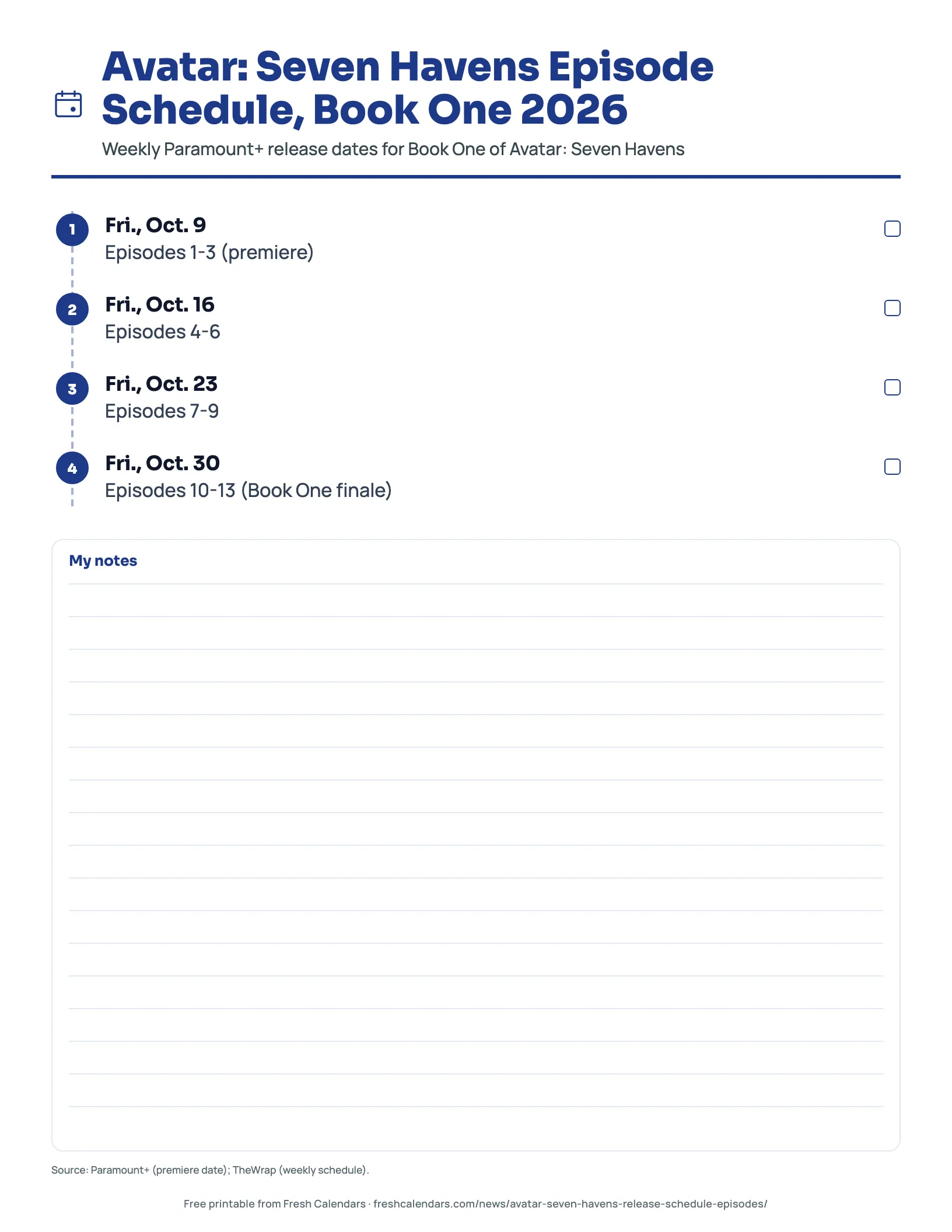 Avatar: Seven Havens Episode Schedule, Book One 2026 Avatar: Seven Havens Book One release schedule printable with four weekly batches from Oct. 9 to the Oct. 30 finale