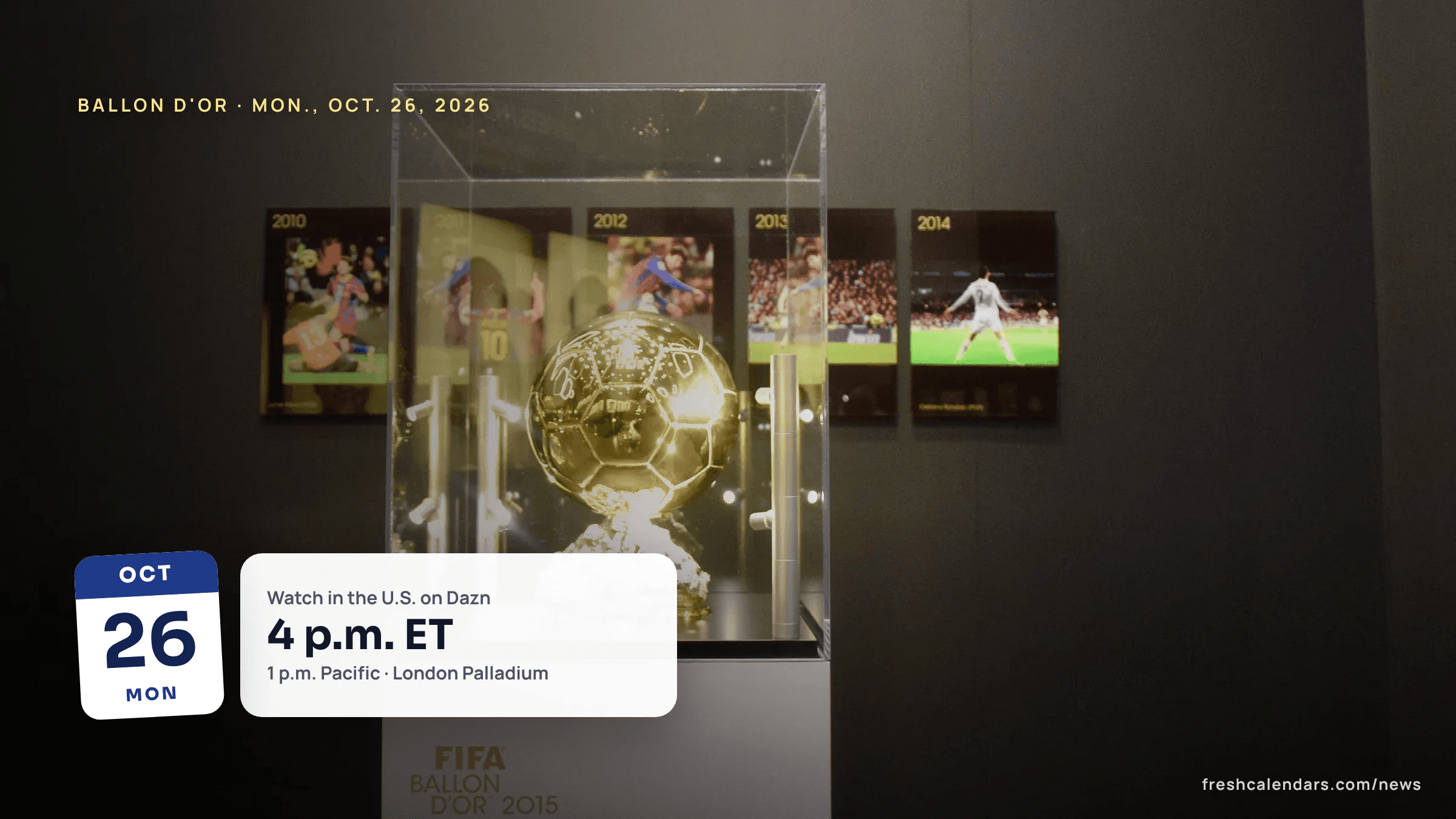 Ballon d'Or 2026 live stream: a golden Ballon d'Or trophy in a glass case at the FIFA Museum in Zurich, with past winners' photos behind it