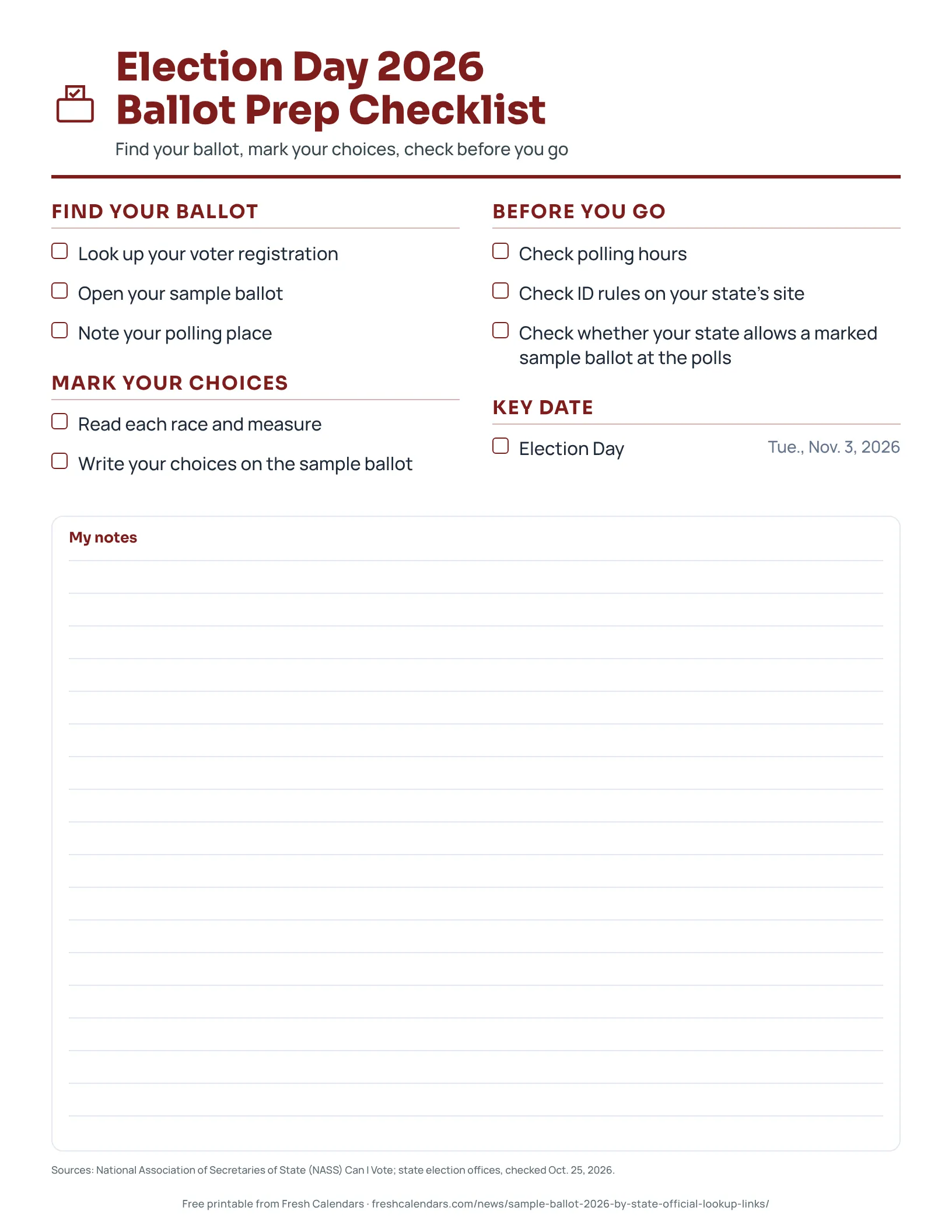 Election Day 2026 Ballot Prep Checklist Election Day 2026 ballot prep checklist with tick boxes under Find your ballot, Mark your choices, Before you go and Key date
