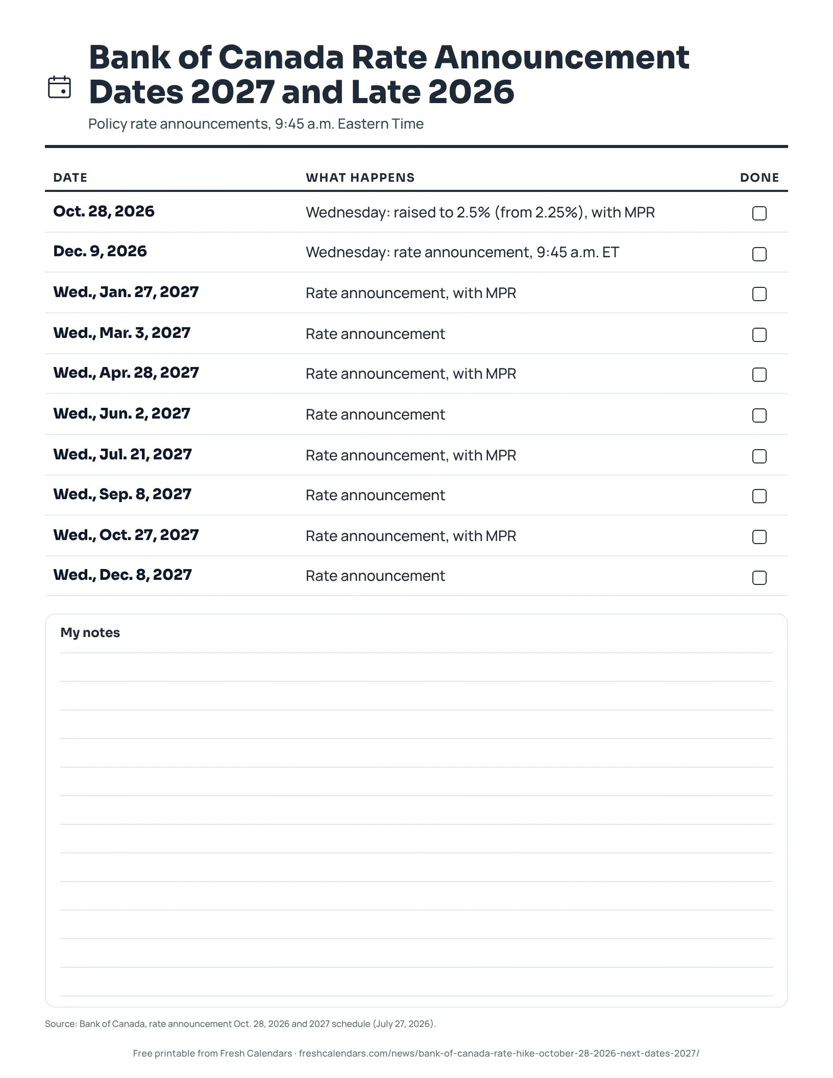 Printable list of Bank of Canada rate announcement dates from Oct. 28, 2026 to Dec. 8, 2027, ink-saver version