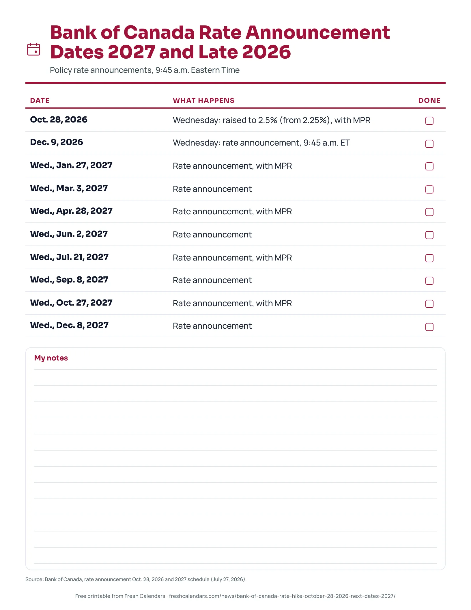 Printable list of Bank of Canada rate announcement dates from Oct. 28, 2026 to Dec. 8, 2027