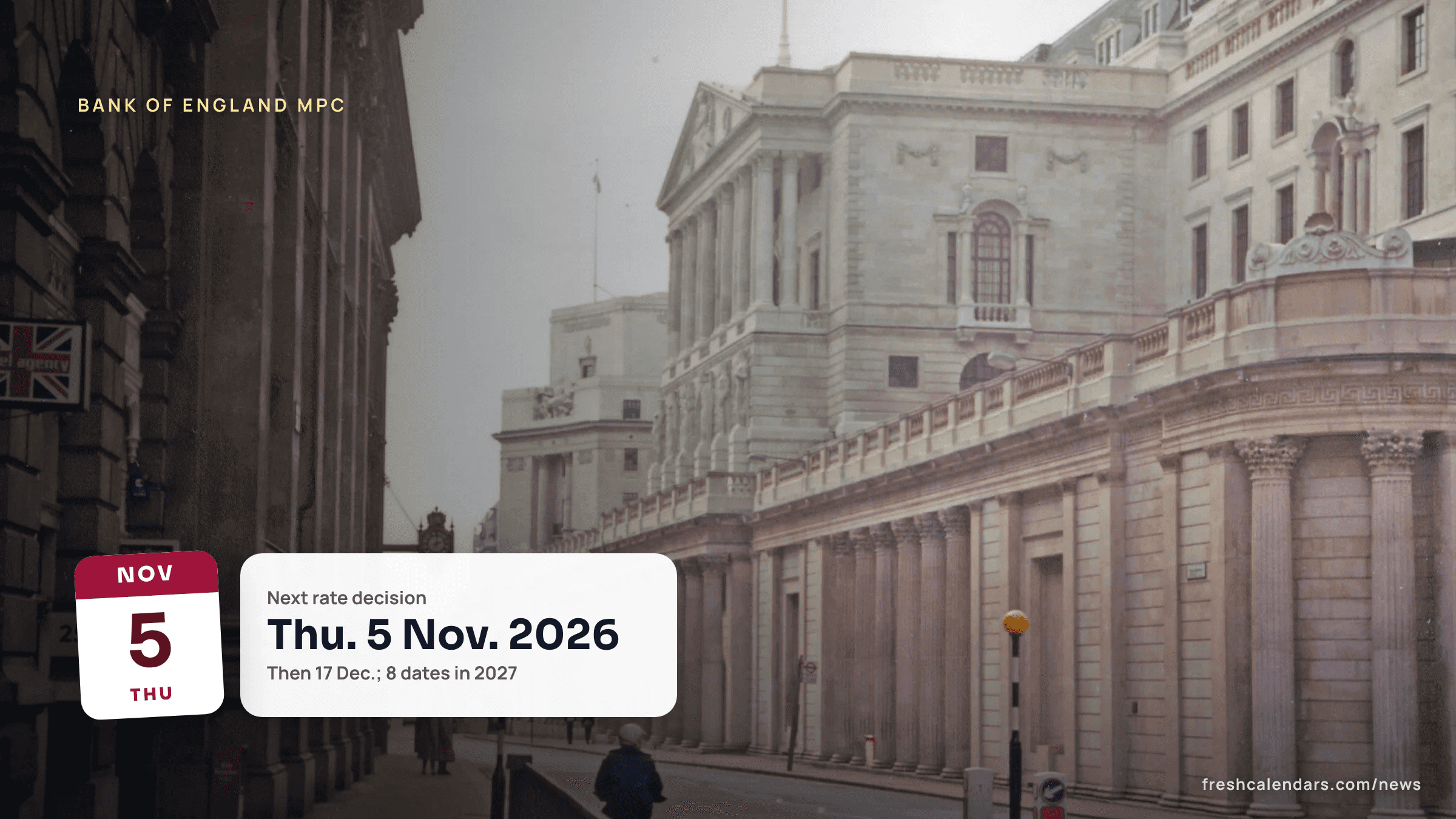 Bank of England building on Threadneedle Street, London, where the Monetary Policy Committee sets the 2027 interest rate dates