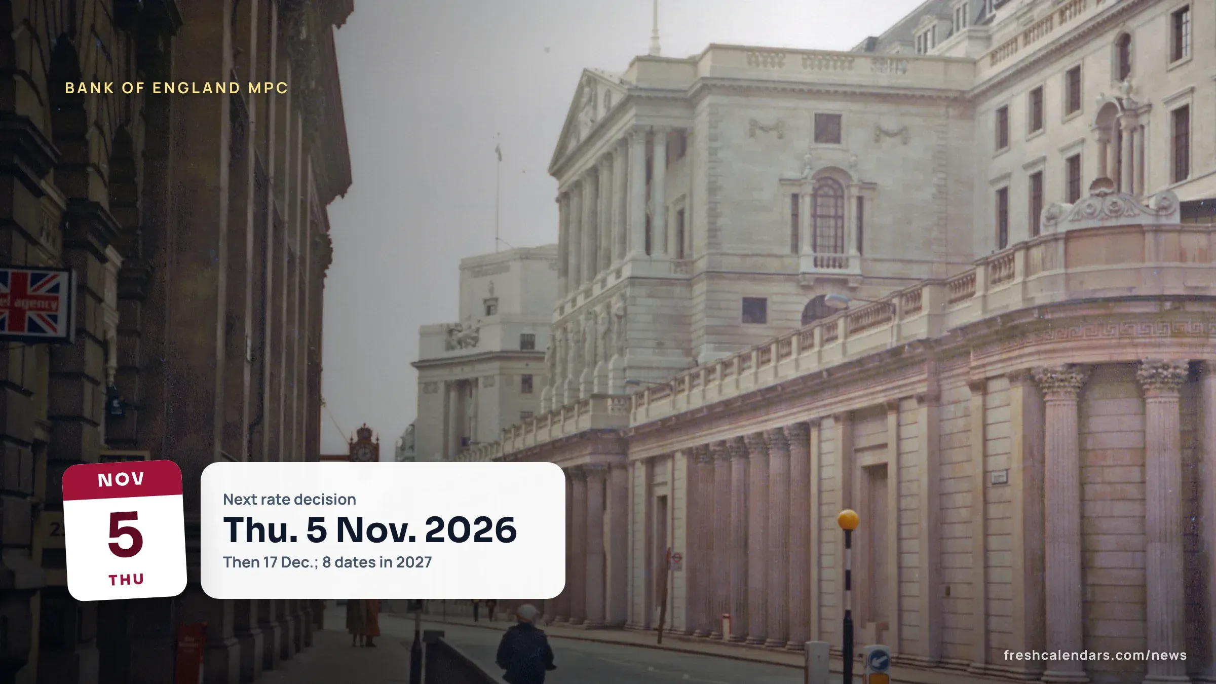 Bank of England building on Threadneedle Street, London, where the Monetary Policy Committee sets the 2027 interest rate dates