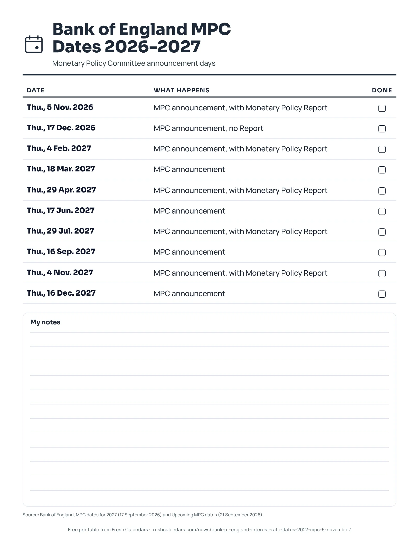 Printable list of Bank of England MPC announcement dates from 5 November 2026 to 16 December 2027, ink-saver version