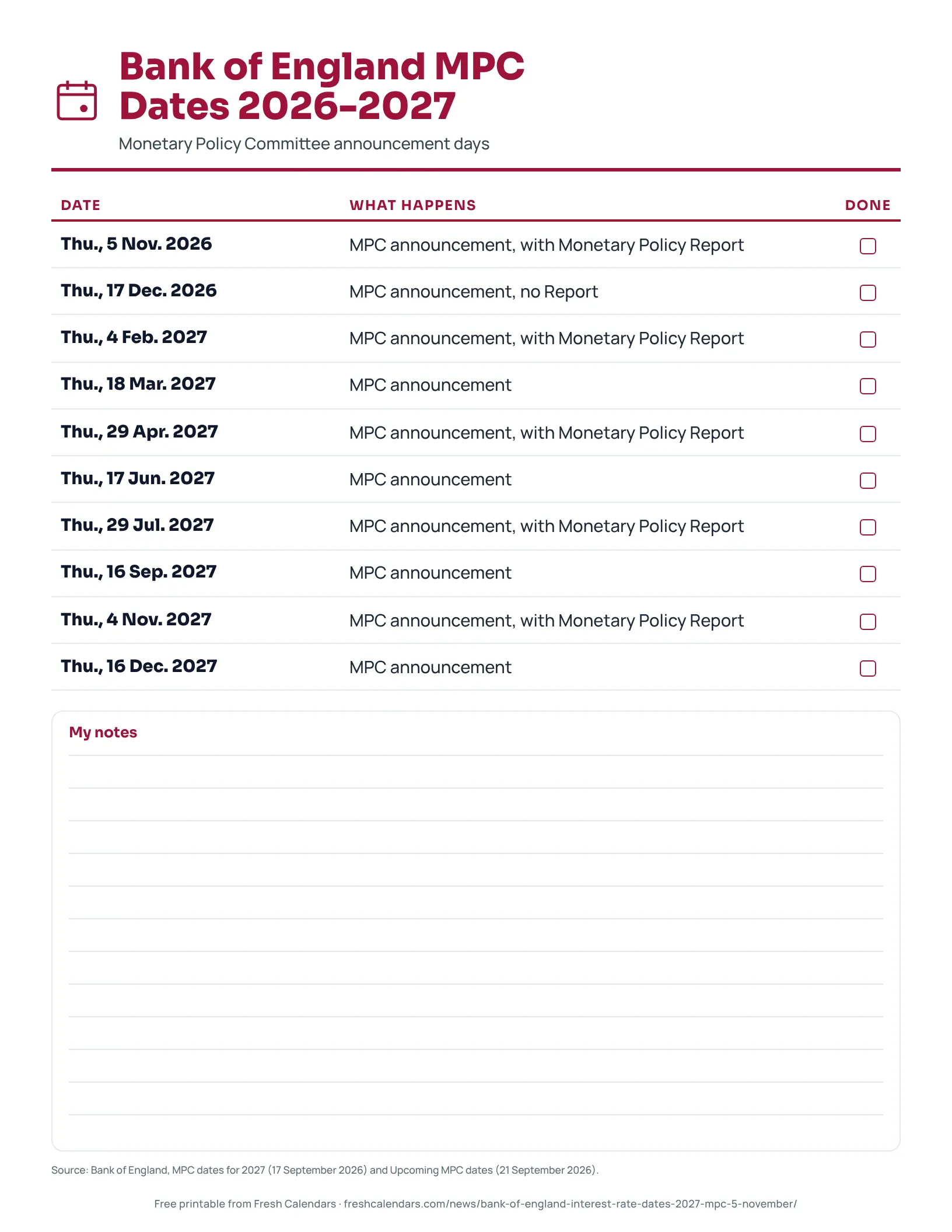 Printable list of Bank of England MPC announcement dates from 5 November 2026 to 16 December 2027