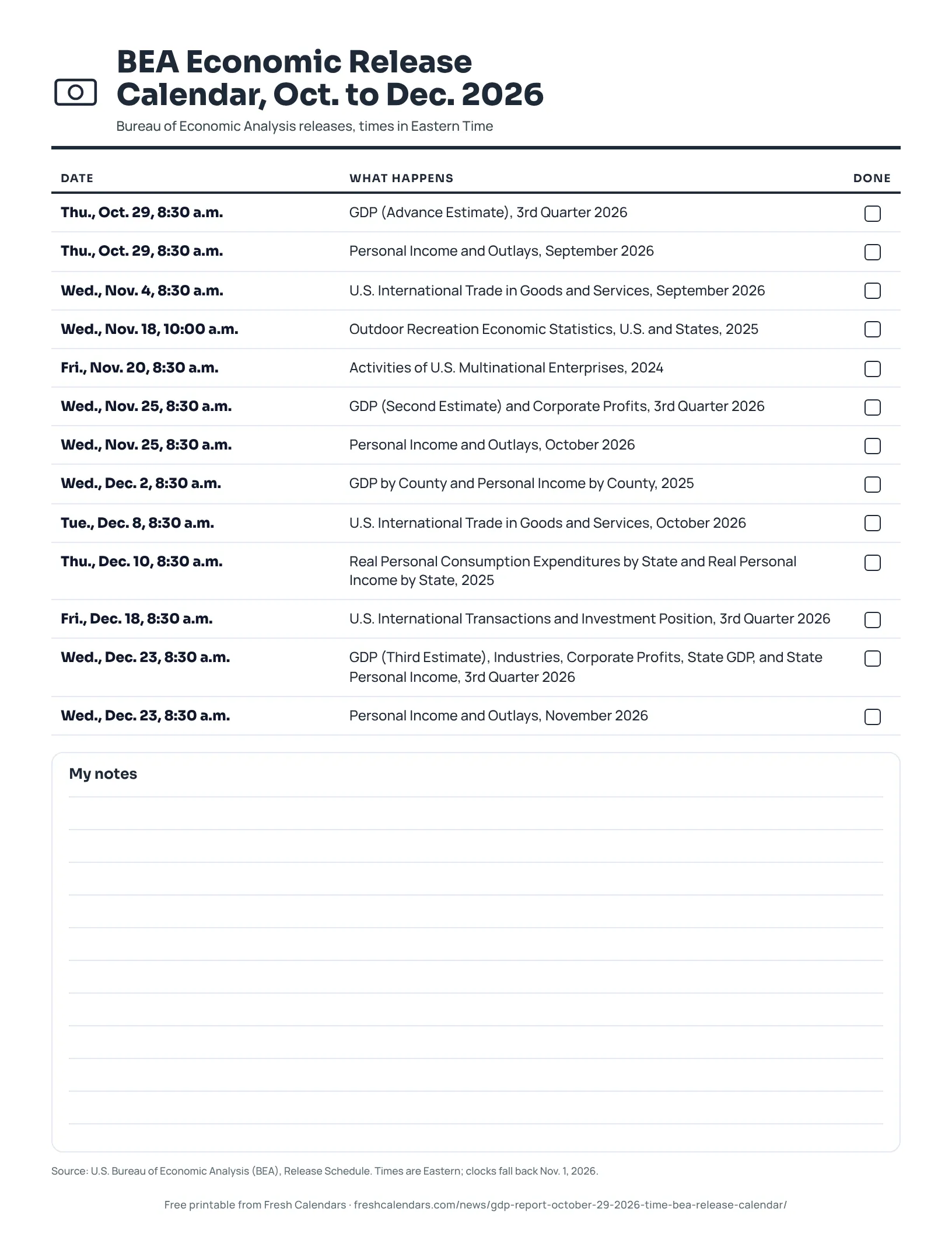 BEA economic release calendar printable listing 13 releases from Oct. 29 to Dec. 23, 2026, ink-saver version
