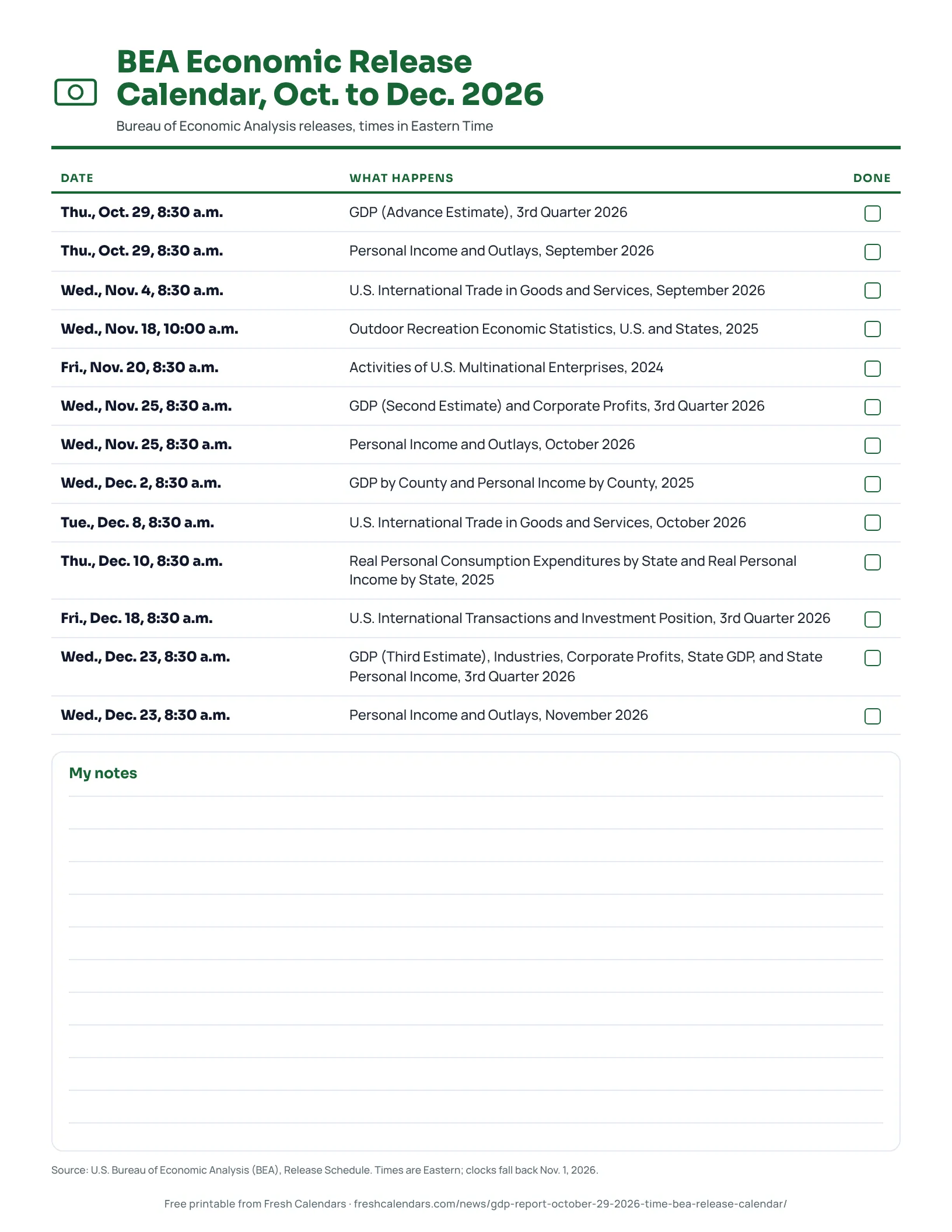 BEA economic release calendar printable listing 13 releases from Oct. 29 to Dec. 23, 2026