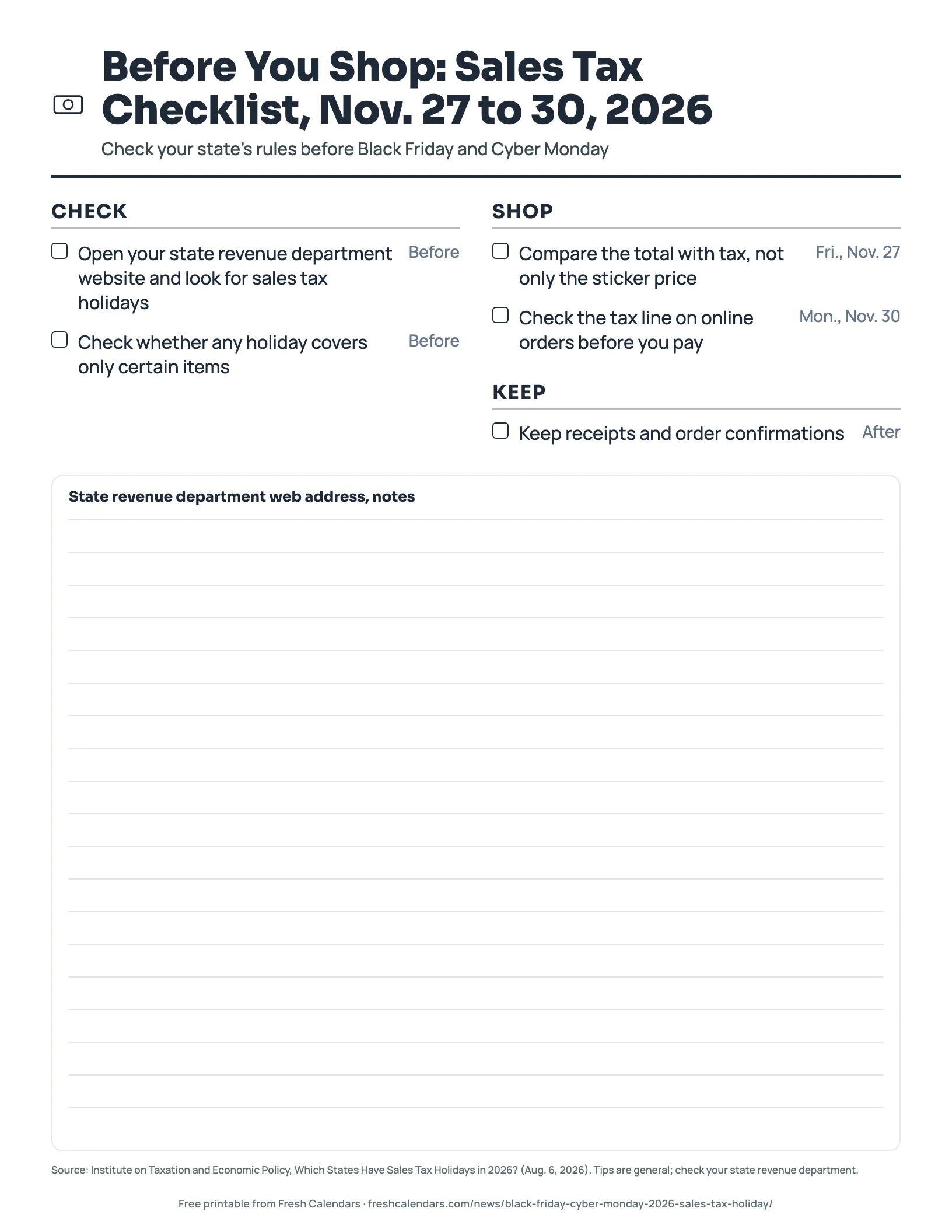 Before You Shop: Sales Tax Checklist, Nov. 27 to 30, 2026 (ink saver) Printable before you shop sales tax checklist for Black Friday and Cyber Monday 2026, ink-saver version