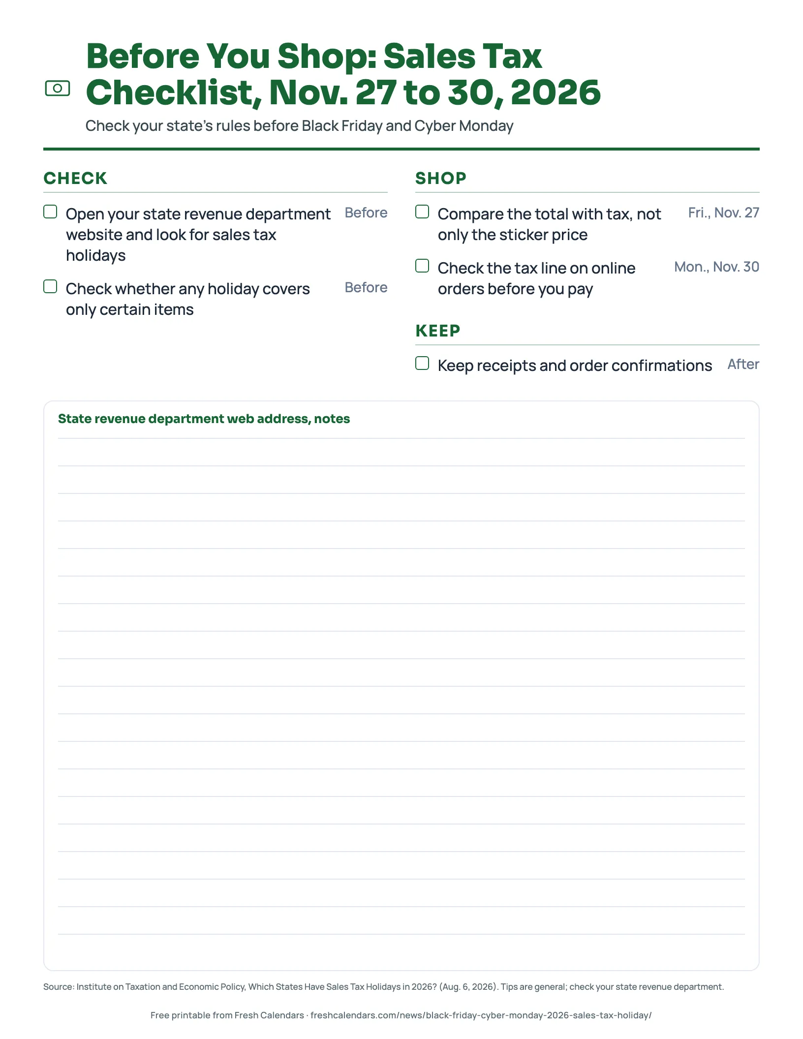 Before You Shop: Sales Tax Checklist, Nov. 27 to 30, 2026 Printable before you shop sales tax checklist for Black Friday and Cyber Monday 2026