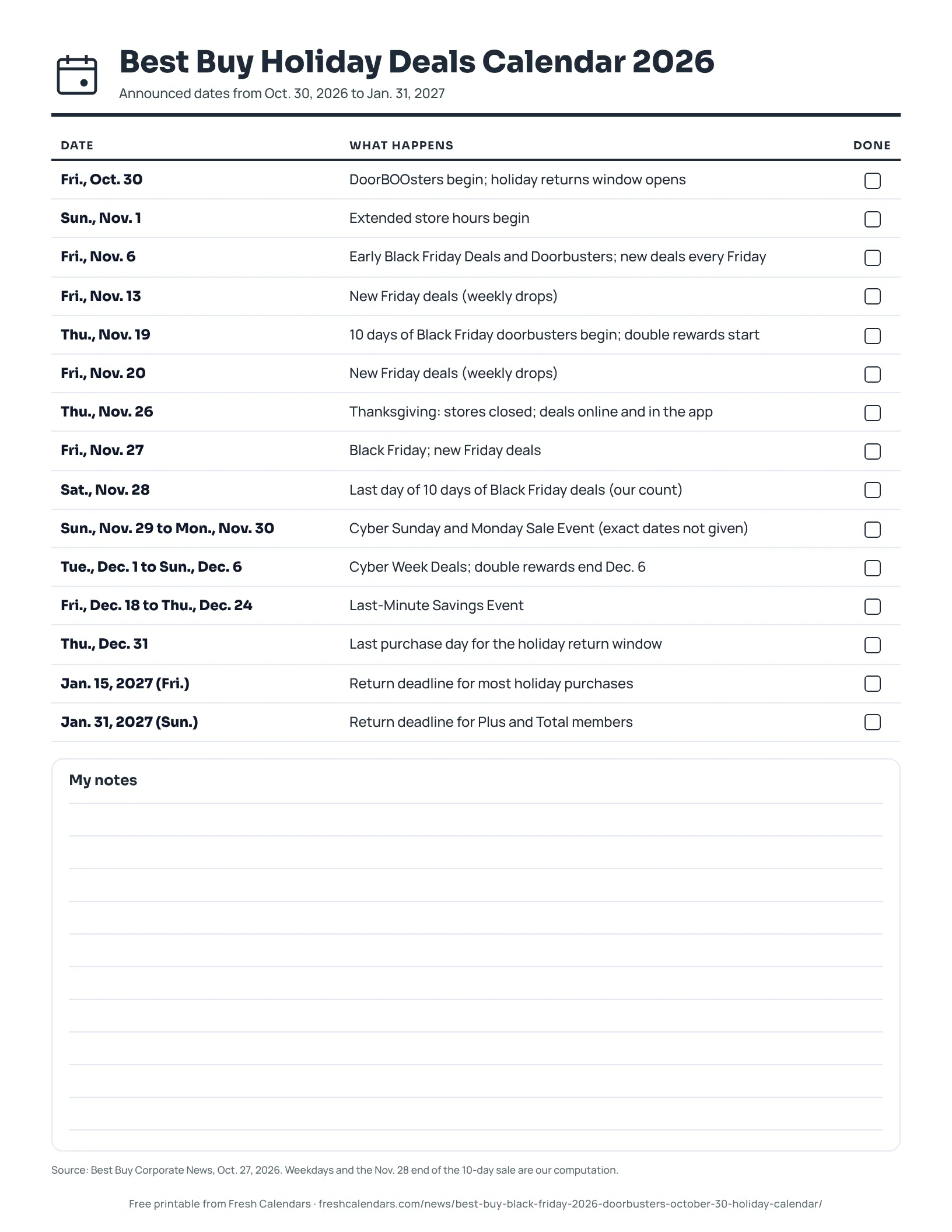 Best Buy Holiday Deals Calendar 2026 (ink saver) Printable list of Best Buy holiday deal dates from Oct. 30, 2026 to Jan. 31, 2027 with weekdays, ink-saver version