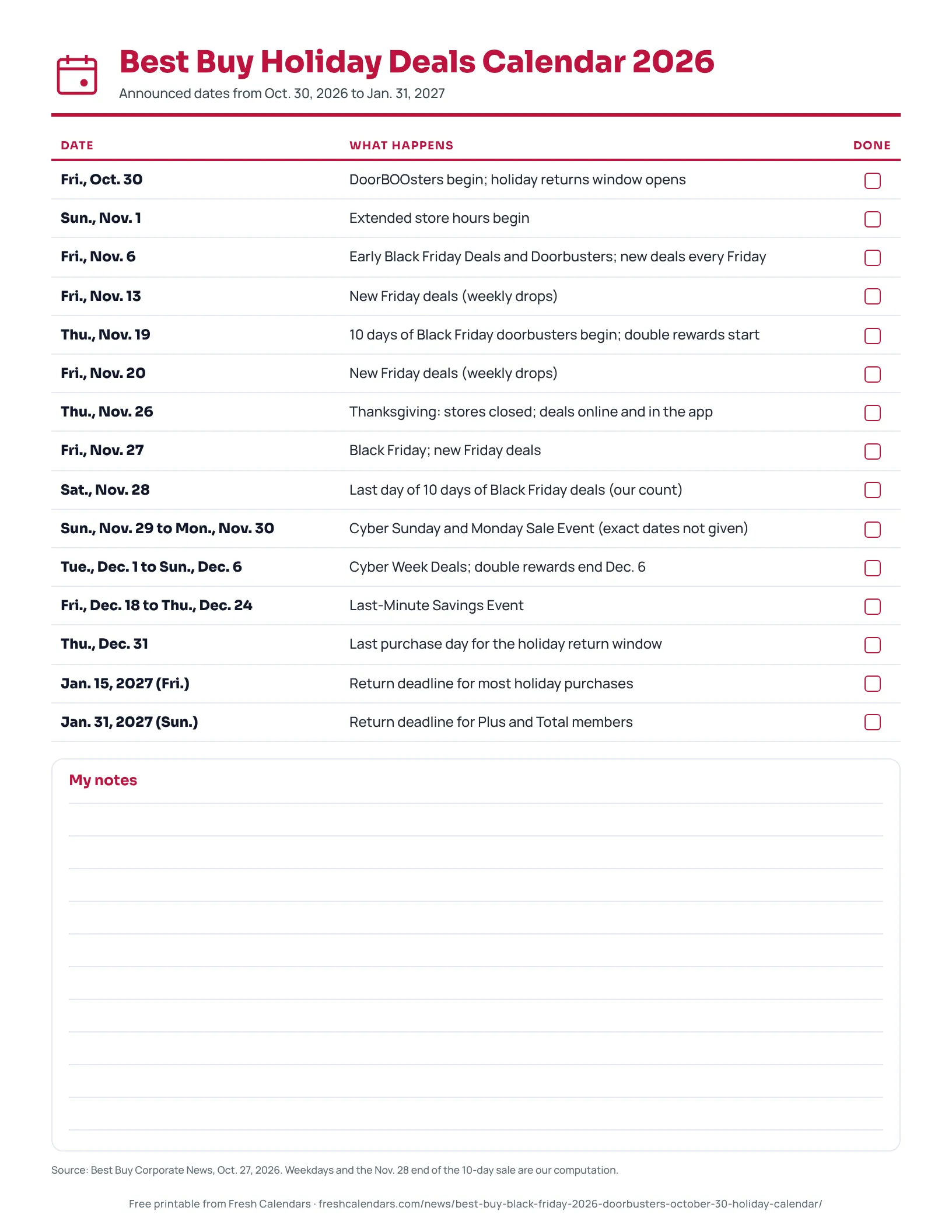 Best Buy Holiday Deals Calendar 2026 Printable list of Best Buy holiday deal dates from Oct. 30, 2026 to Jan. 31, 2027 with weekdays