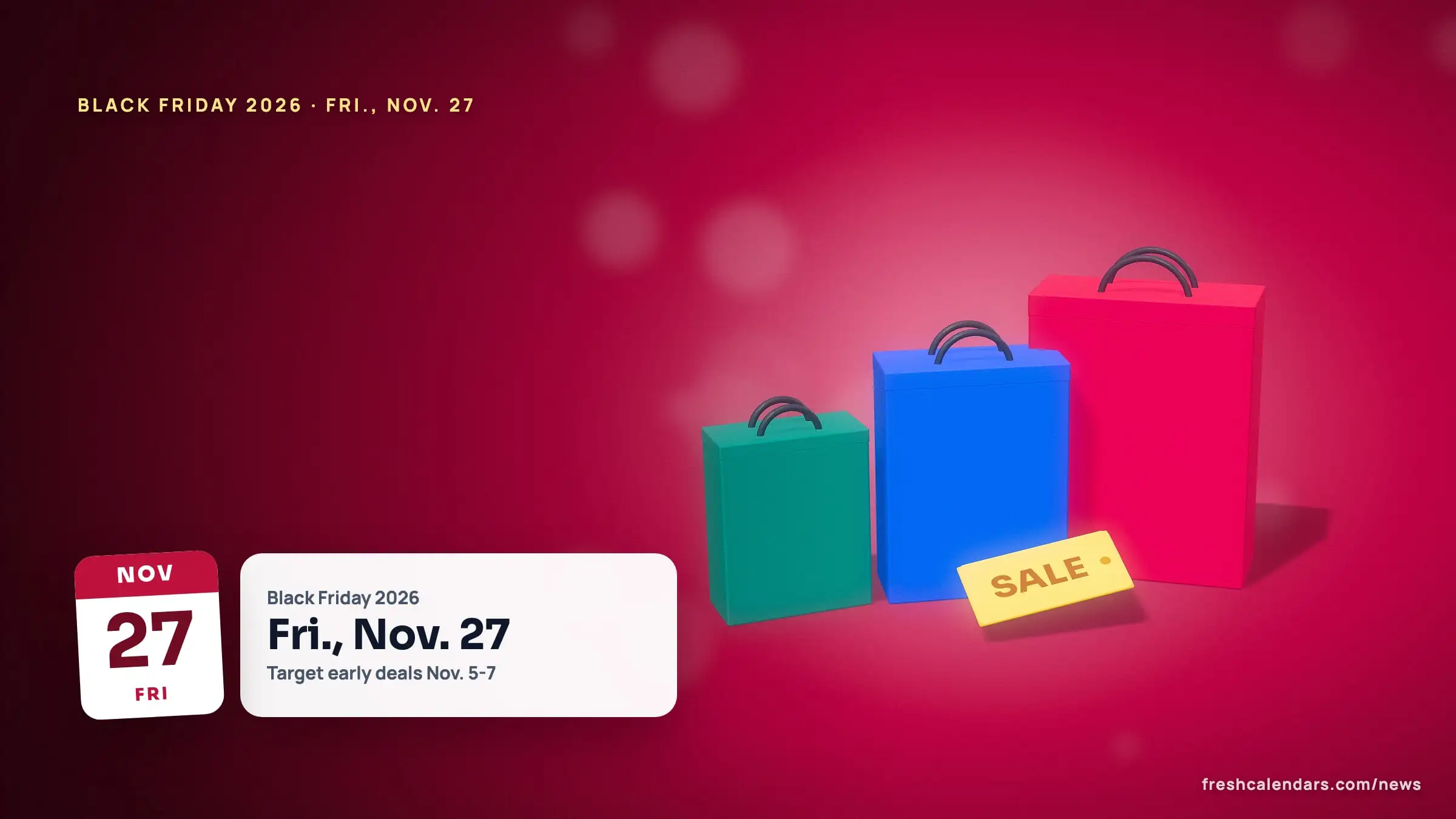 Black Friday 2026 ad tracker: a shopping scene beside a calendar card for Friday, Nov. 27