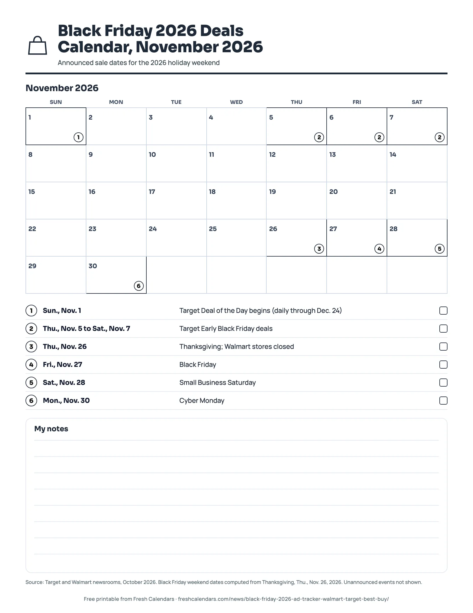 Black Friday 2026 Deals Calendar, November 2026 (ink saver) Printable November 2026 calendar marking Black Friday deal dates for Nov. 1, 5 to 7, 26, 27, 28 and 30, ink-saver version