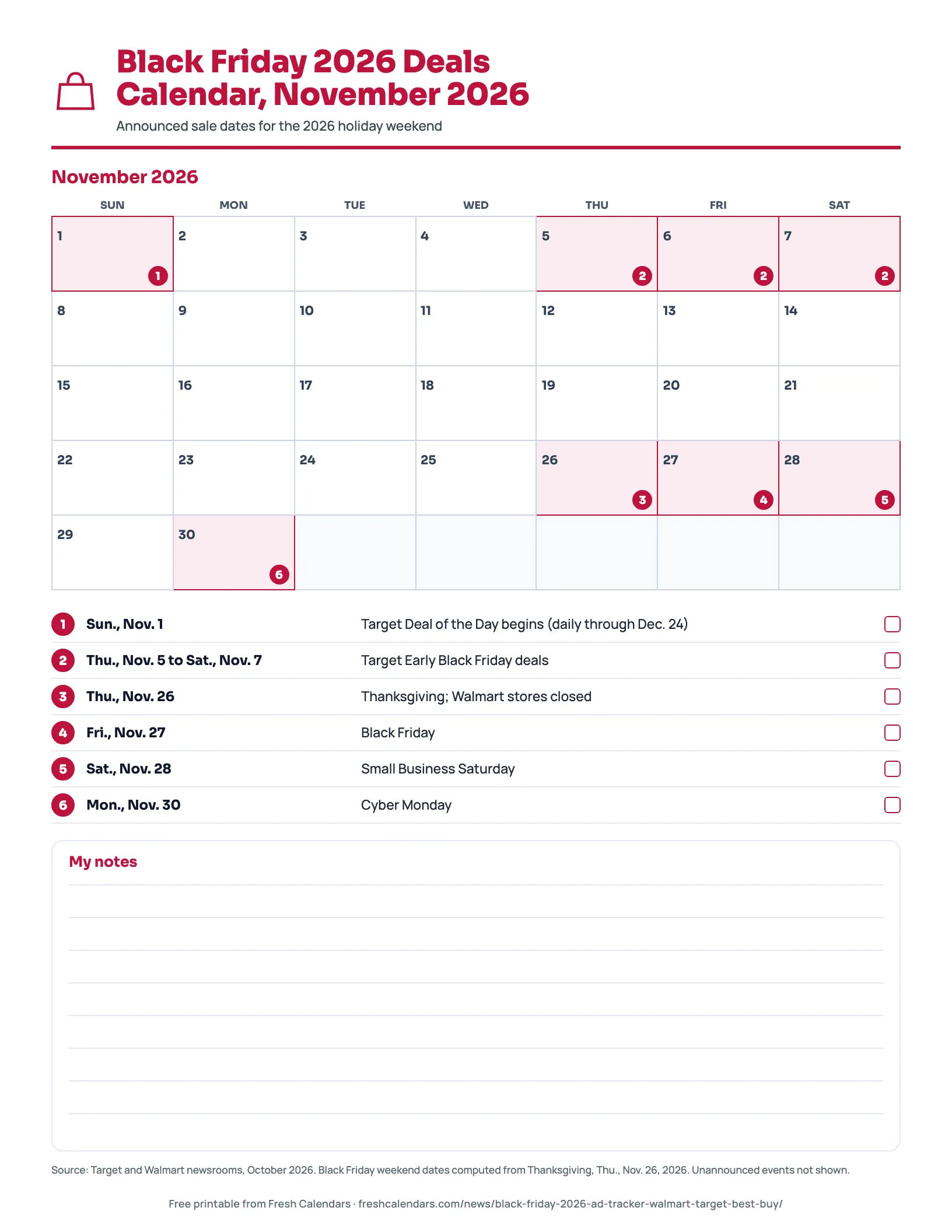 Black Friday 2026 Deals Calendar, November 2026 Printable November 2026 calendar marking Black Friday deal dates for Nov. 1, 5 to 7, 26, 27, 28 and 30